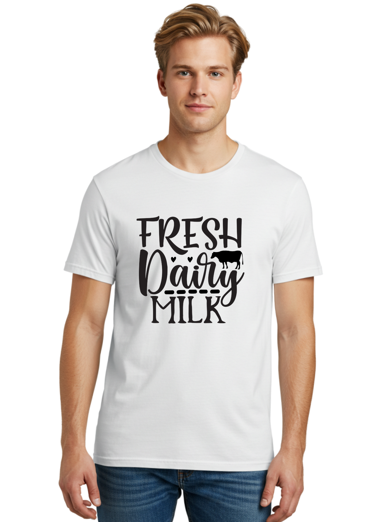Fresh-Dairy-Milk Men'S Graphic Tee, 100% Cotton, Comfortable Casual Summer Wear, Machine Washable, Fresh Dairy Milk, Cow Silhouette, Hearts, Rustic Font, Dairy Products, Milk Advertisement, Farm Fresh, Dairy Farm, Milk Packaging, Cow Graphics Aab581