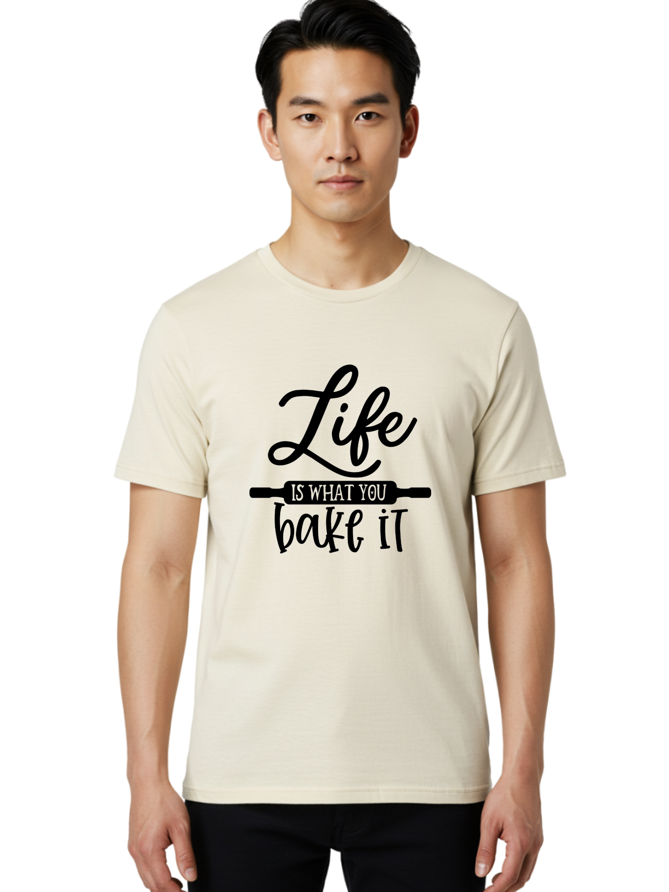 Life-Is-What-You-Bake-It Men'S Graphic Tee, 100% Cotton, Comfortable Casual Summer Wear, Machine Washable, Inspirational Quote, Baking Inspiration, Motivational Phrases, Positive Affirmations, Kitchen Decor, Baking Quotes, Rolling Pin Design Aab585