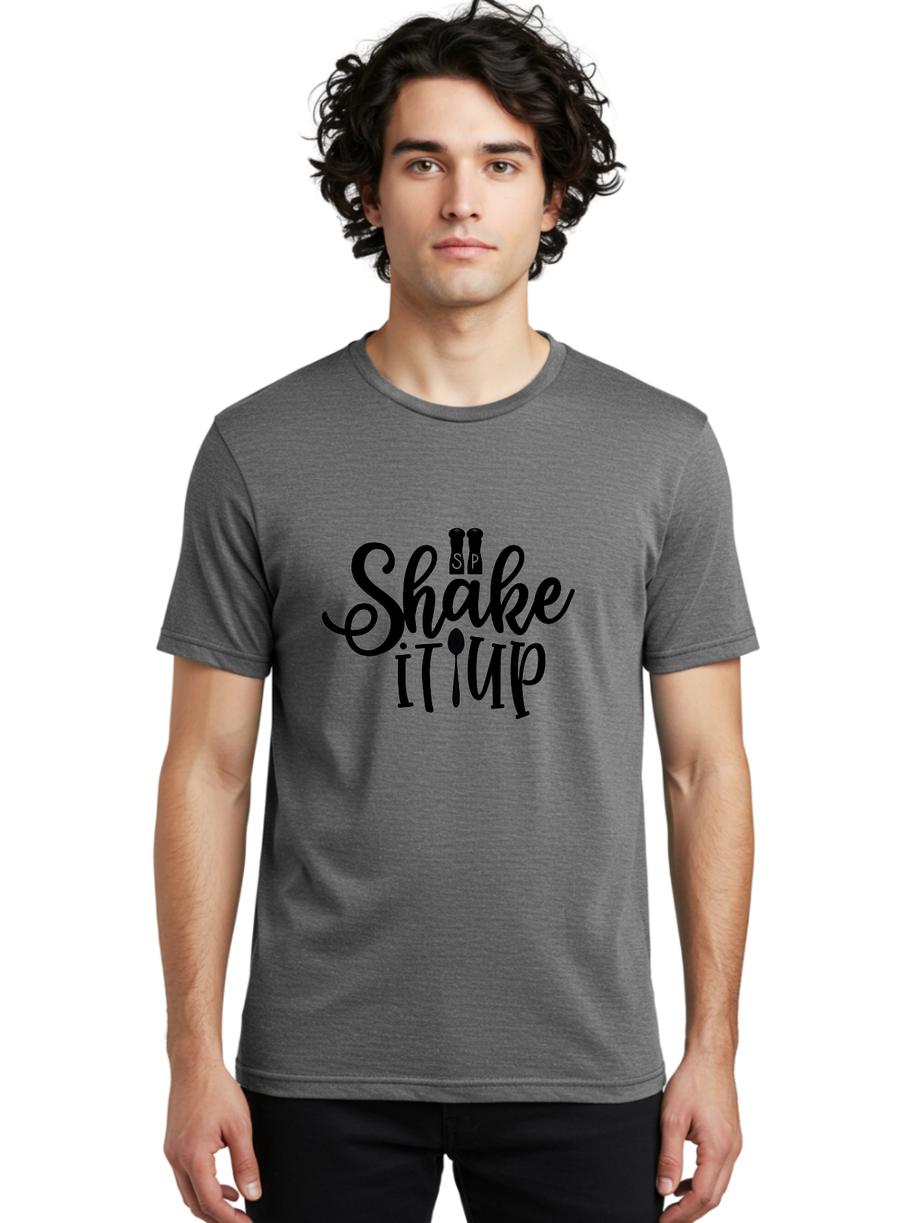 Shake-It-Iup Men'S Graphic Tee, 100% Cotton, Comfortable Casual Summer Wear, Machine Washable, Shake It Up, Sp, Salt And Pepper Shakers, Spoon, Fork, Modern Typography, Creative Logo, Culinary Vibe, Restaurant Branding Aab588