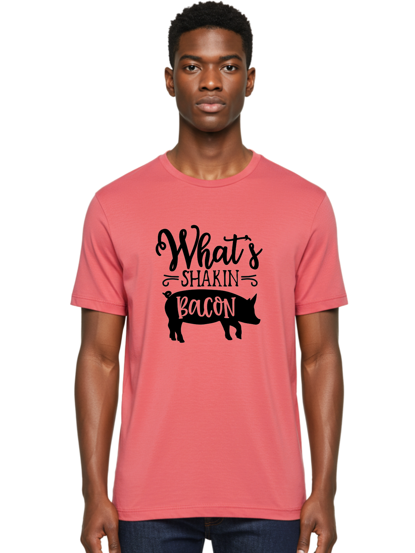 What-S-Shakin-Bacon Men'S Graphic Tee, 100% Cotton, Comfortable Casual Summer Wear, Machine Washable, Funny Pig Graphic, Bacon Lover Gift, Playful Typography, What'S Shakin Bacon, Pig Silhouette, Whimsical Design, Humor, Bacon Pun, Aab593