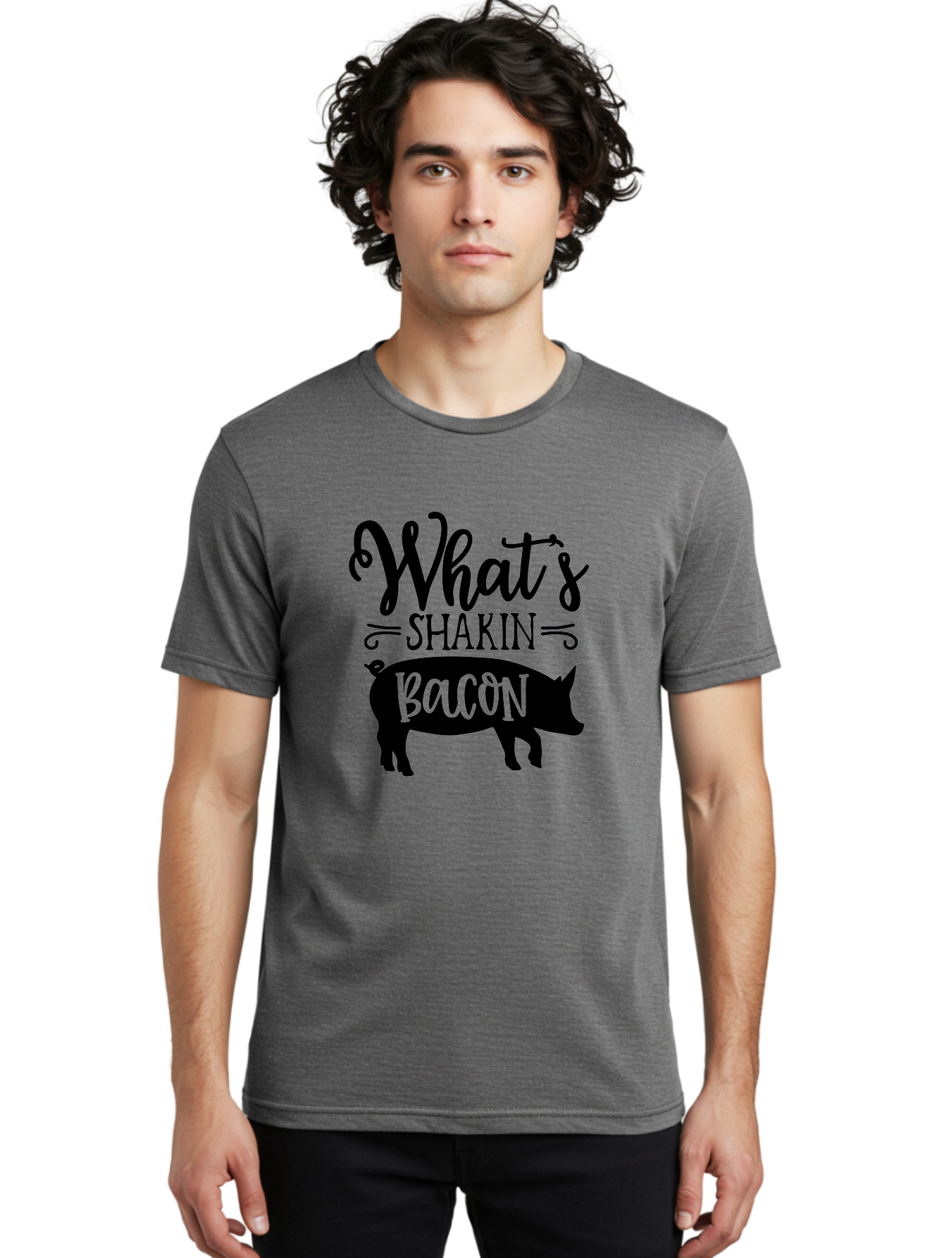 What-S-Shakin-Bacon Men'S Graphic Tee, 100% Cotton, Comfortable Casual Summer Wear, Machine Washable, Funny Pig Graphic, Bacon Lover Gift, Playful Typography, What'S Shakin Bacon, Pig Silhouette, Whimsical Design, Humor, Bacon Pun, Aab593
