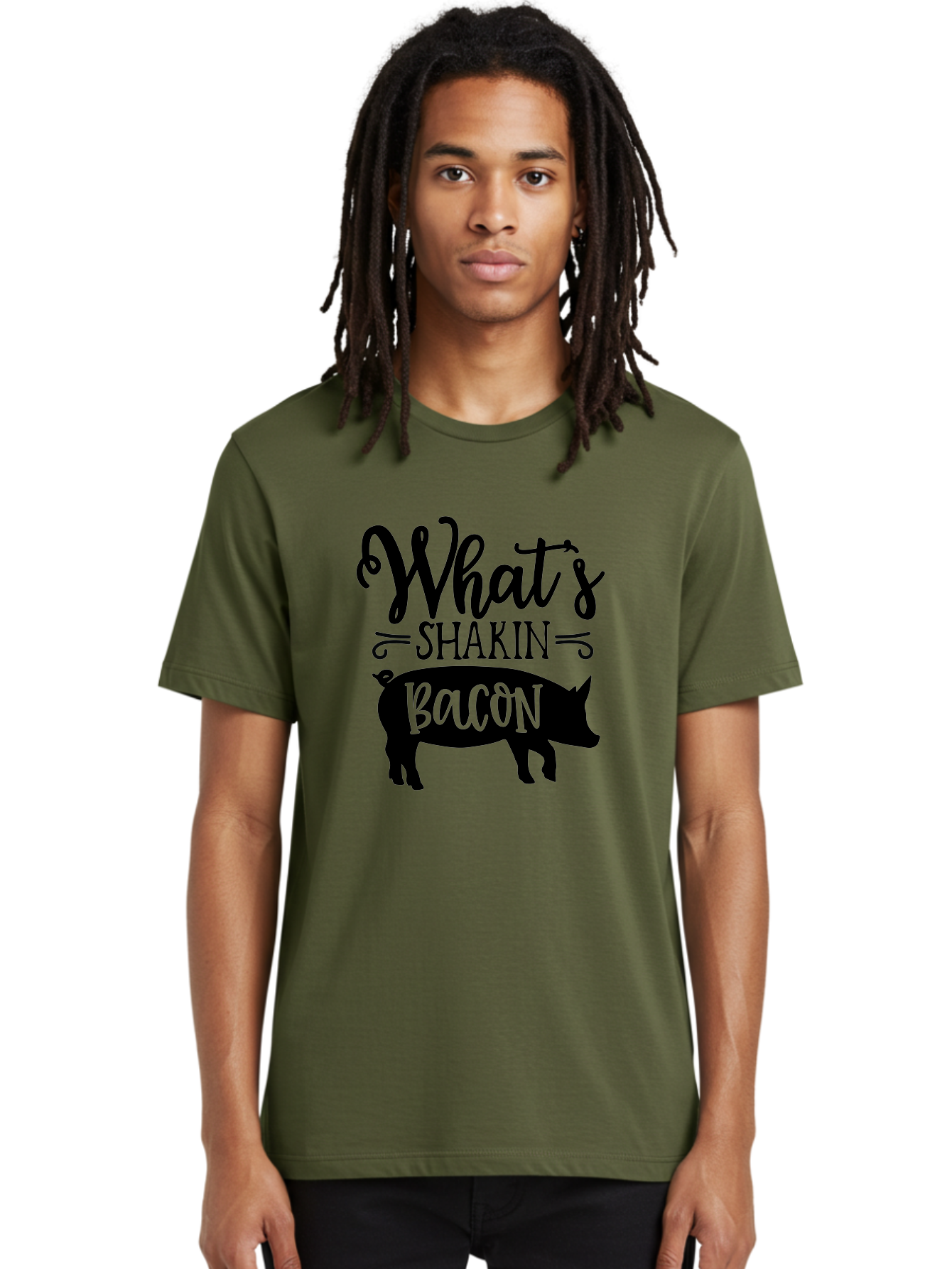 What-S-Shakin-Bacon Men'S Graphic Tee, 100% Cotton, Comfortable Casual Summer Wear, Machine Washable, Funny Pig Graphic, Bacon Lover Gift, Playful Typography, What'S Shakin Bacon, Pig Silhouette, Whimsical Design, Humor, Bacon Pun, Aab593