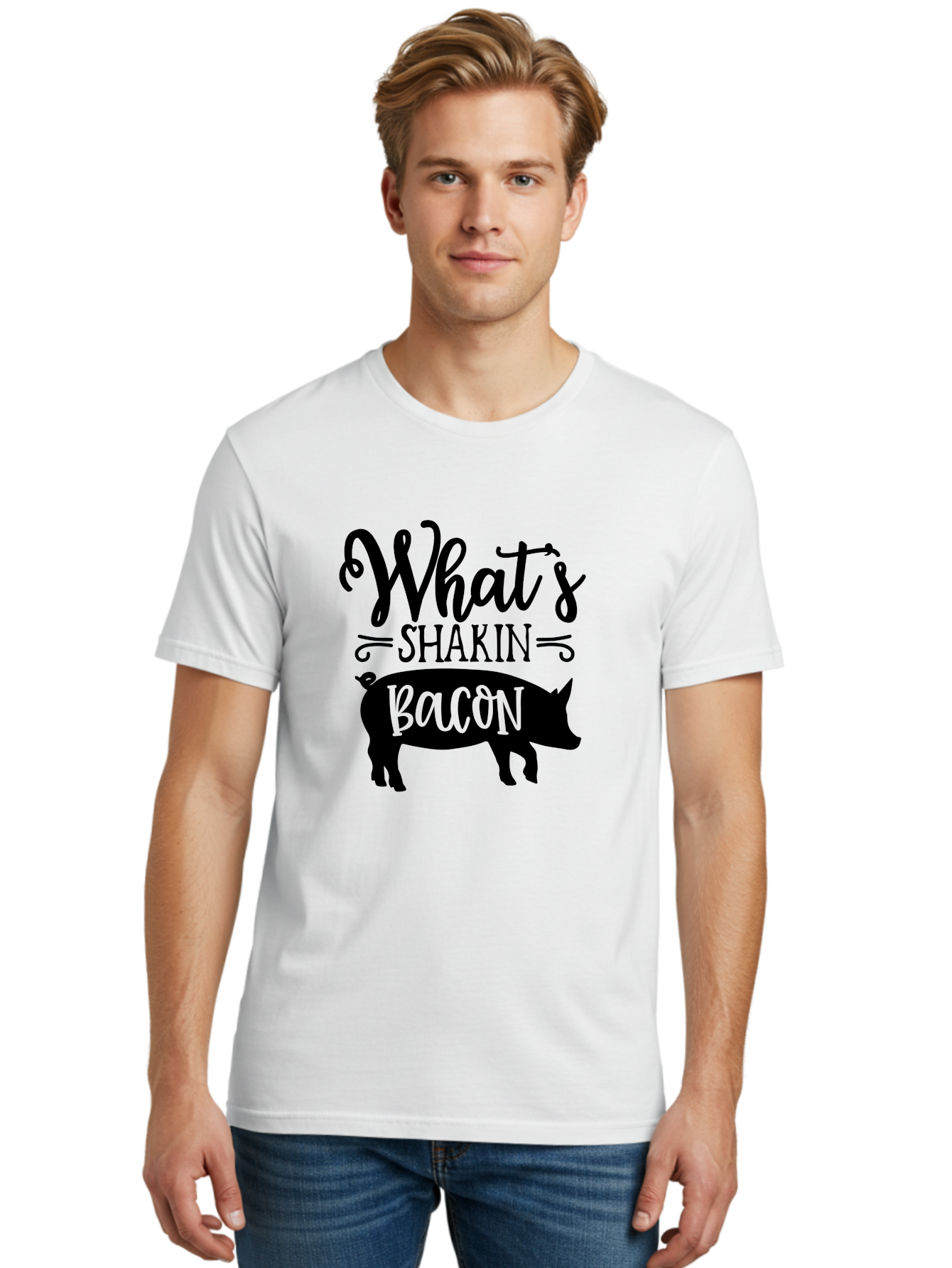 What-S-Shakin-Bacon Men'S Graphic Tee, 100% Cotton, Comfortable Casual Summer Wear, Machine Washable, Funny Pig Graphic, Bacon Lover Gift, Playful Typography, What'S Shakin Bacon, Pig Silhouette, Whimsical Design, Humor, Bacon Pun, Aab593