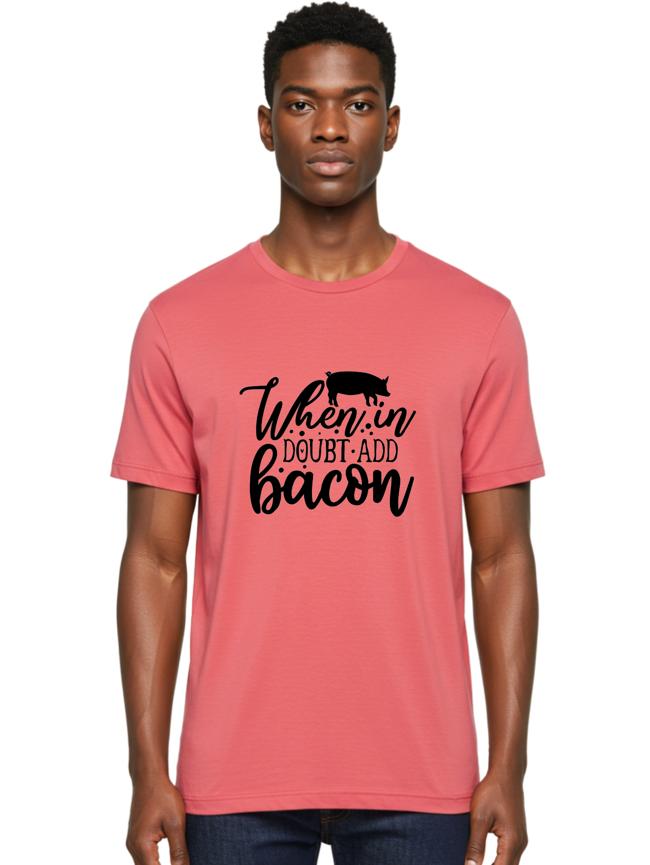 When-In-Doubt-Add-Bacon Men'S Graphic Tee, 100% Cotton, Comfortable Casual Summer Wear, Machine Washable, Funny Quote, Bacon Slogan, Food Humor, Quote Graphics, Pig Silhouette, Kitchen Decor, Funny Kitchen Sayings, Bacon Lover Gifts Aab594
