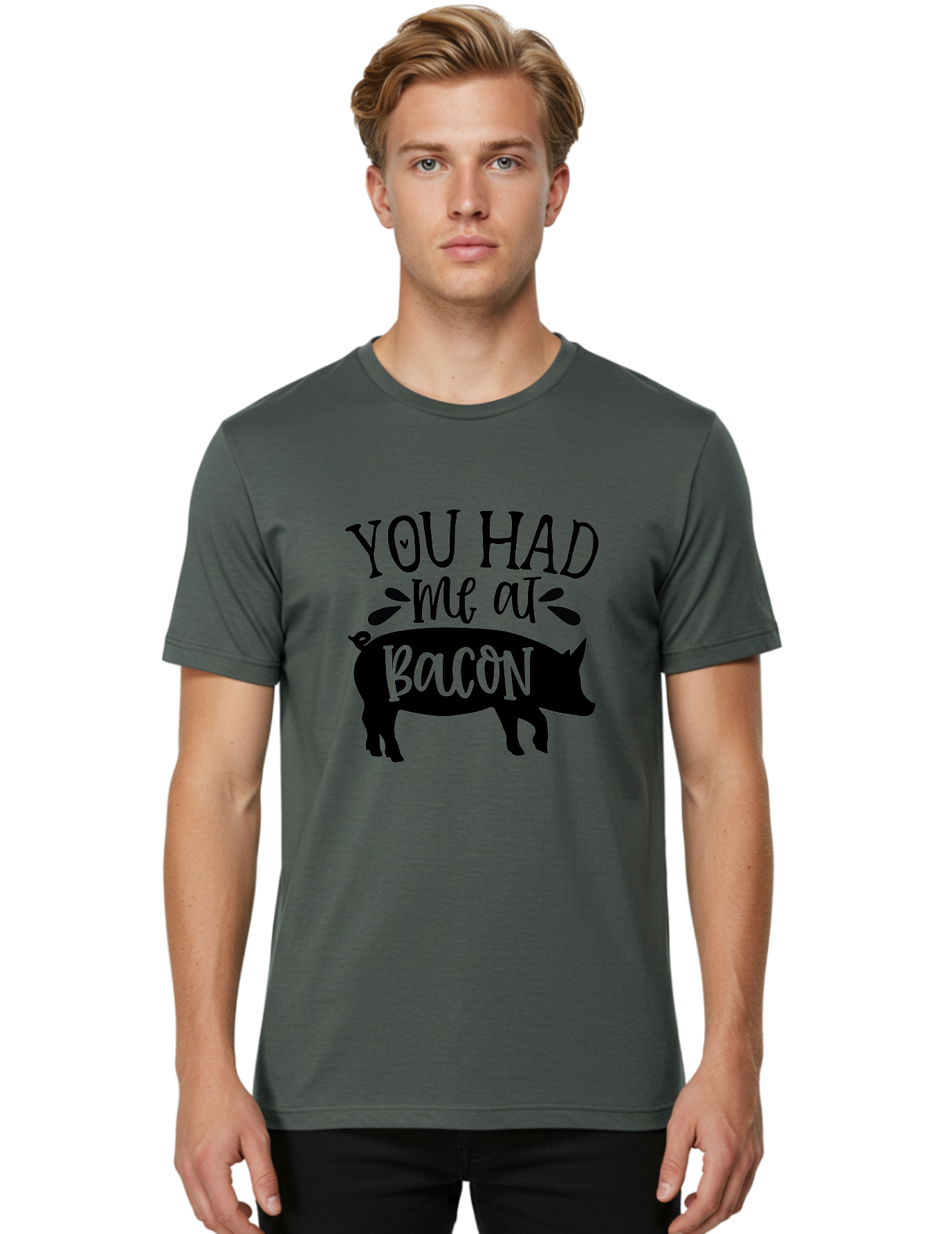 You-Had-Me-At-Bacon Men'S Graphic Tee, 100% Cotton, Comfortable Casual Summer Wear, Machine Washable, Funny Pig Quote, Bacon Lover Gift, Pig Silhouette, Cute Pig Design, Humorous Kitchen Decor, Love At Bacon Quote, Foodie Humor, Bacon Pun Aab599