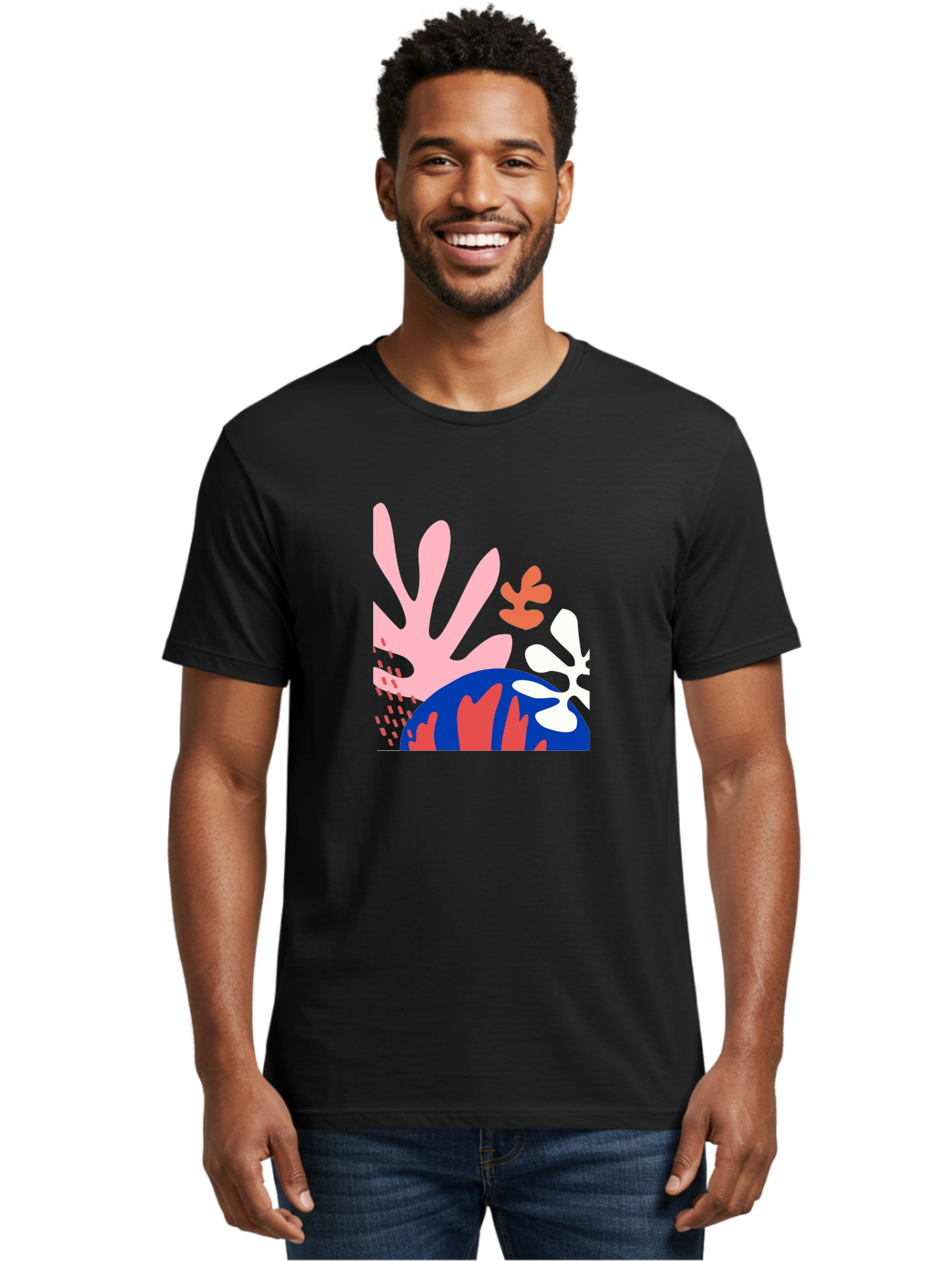 Abstract-Art Men'S Graphic Tee, 100% Cotton, Comfortable Casual Summer Wear, Machine Washable, Abstract Floral Design, Vibrant Colors, Playful Patterns, Blue And Red Globe, Pink Background, Yellow Rectangle, Modern Art, Creative Graphic Aab600
