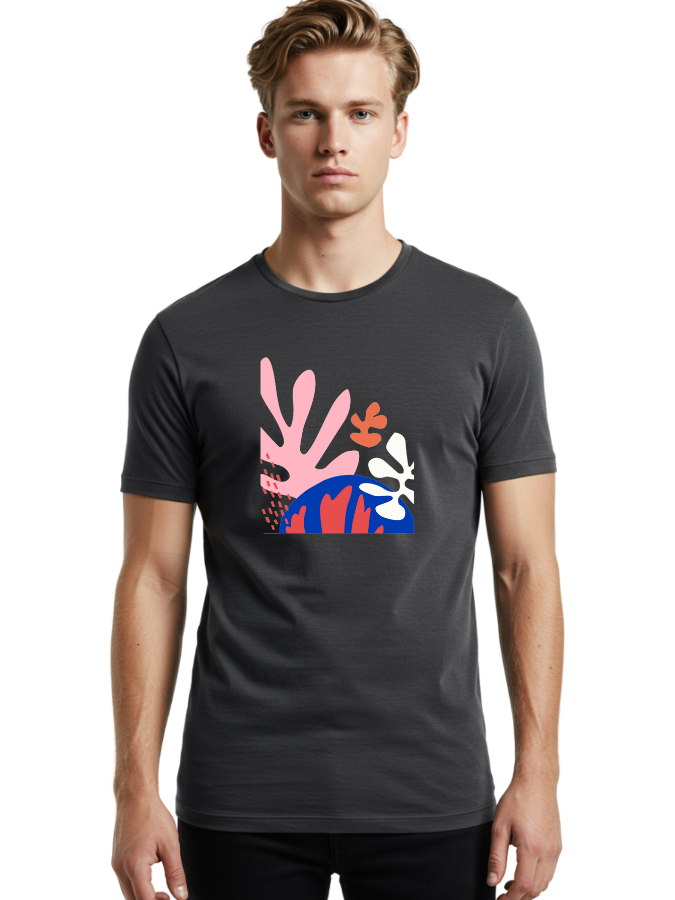 Abstract-Art Men'S Graphic Tee, 100% Cotton, Comfortable Casual Summer Wear, Machine Washable, Abstract Floral Design, Vibrant Colors, Playful Patterns, Blue And Red Globe, Pink Background, Yellow Rectangle, Modern Art, Creative Graphic Aab600