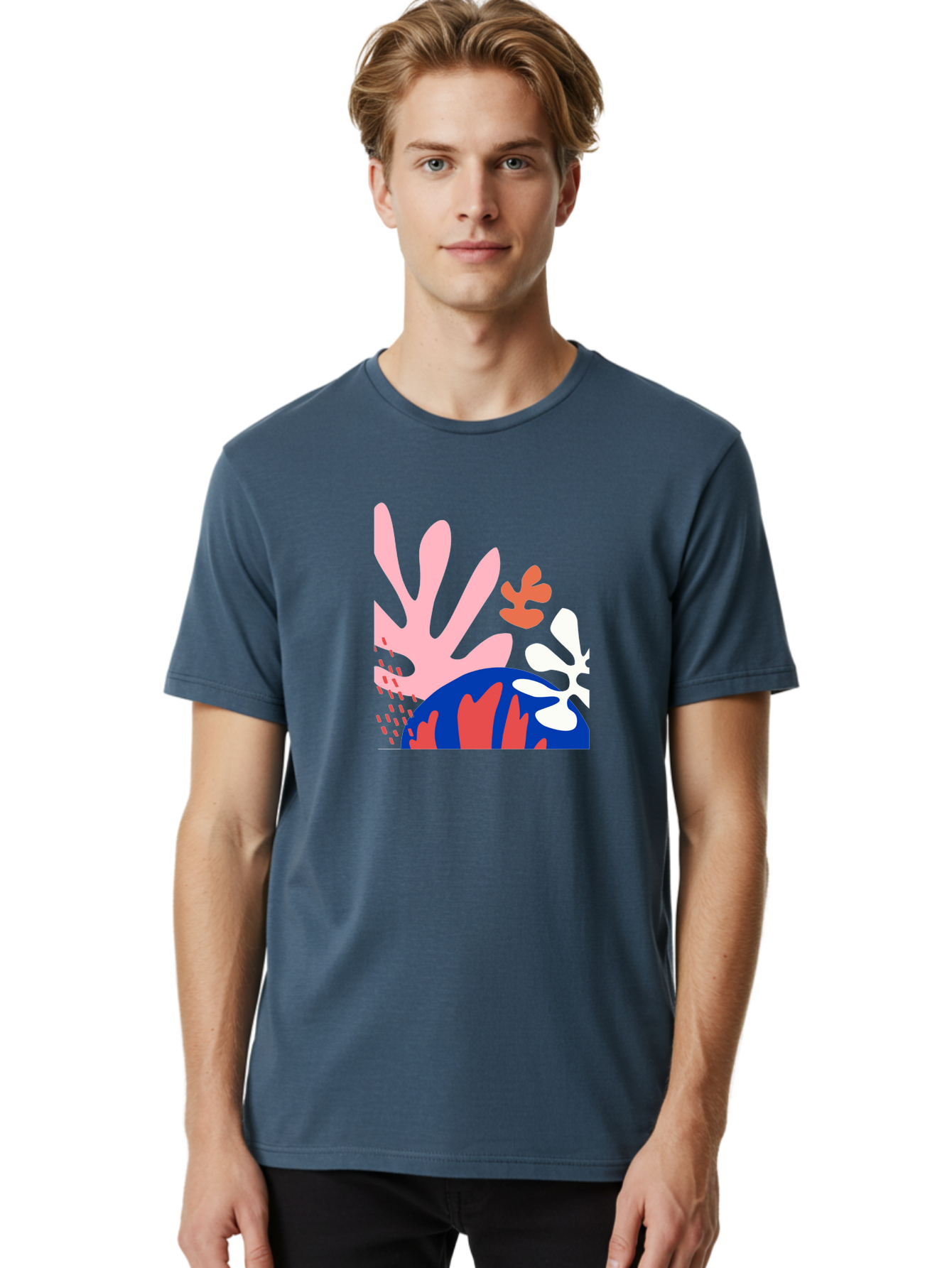 Abstract-Art Men'S Graphic Tee, 100% Cotton, Comfortable Casual Summer Wear, Machine Washable, Abstract Floral Design, Vibrant Colors, Playful Patterns, Blue And Red Globe, Pink Background, Yellow Rectangle, Modern Art, Creative Graphic Aab600