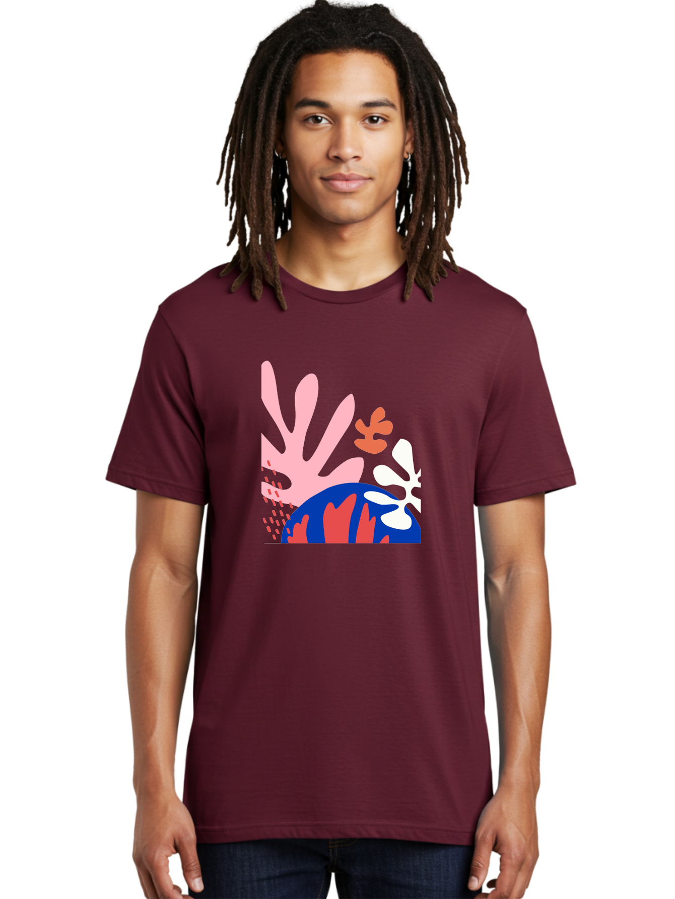 Abstract-Art Men'S Graphic Tee, 100% Cotton, Comfortable Casual Summer Wear, Machine Washable, Abstract Floral Design, Vibrant Colors, Playful Patterns, Blue And Red Globe, Pink Background, Yellow Rectangle, Modern Art, Creative Graphic Aab600