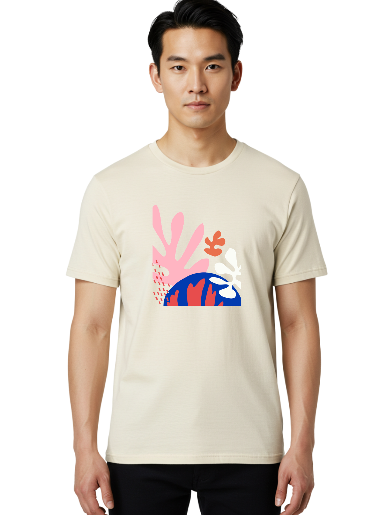 Abstract-Art Men'S Graphic Tee, 100% Cotton, Comfortable Casual Summer Wear, Machine Washable, Abstract Floral Design, Vibrant Colors, Playful Patterns, Blue And Red Globe, Pink Background, Yellow Rectangle, Modern Art, Creative Graphic Aab600