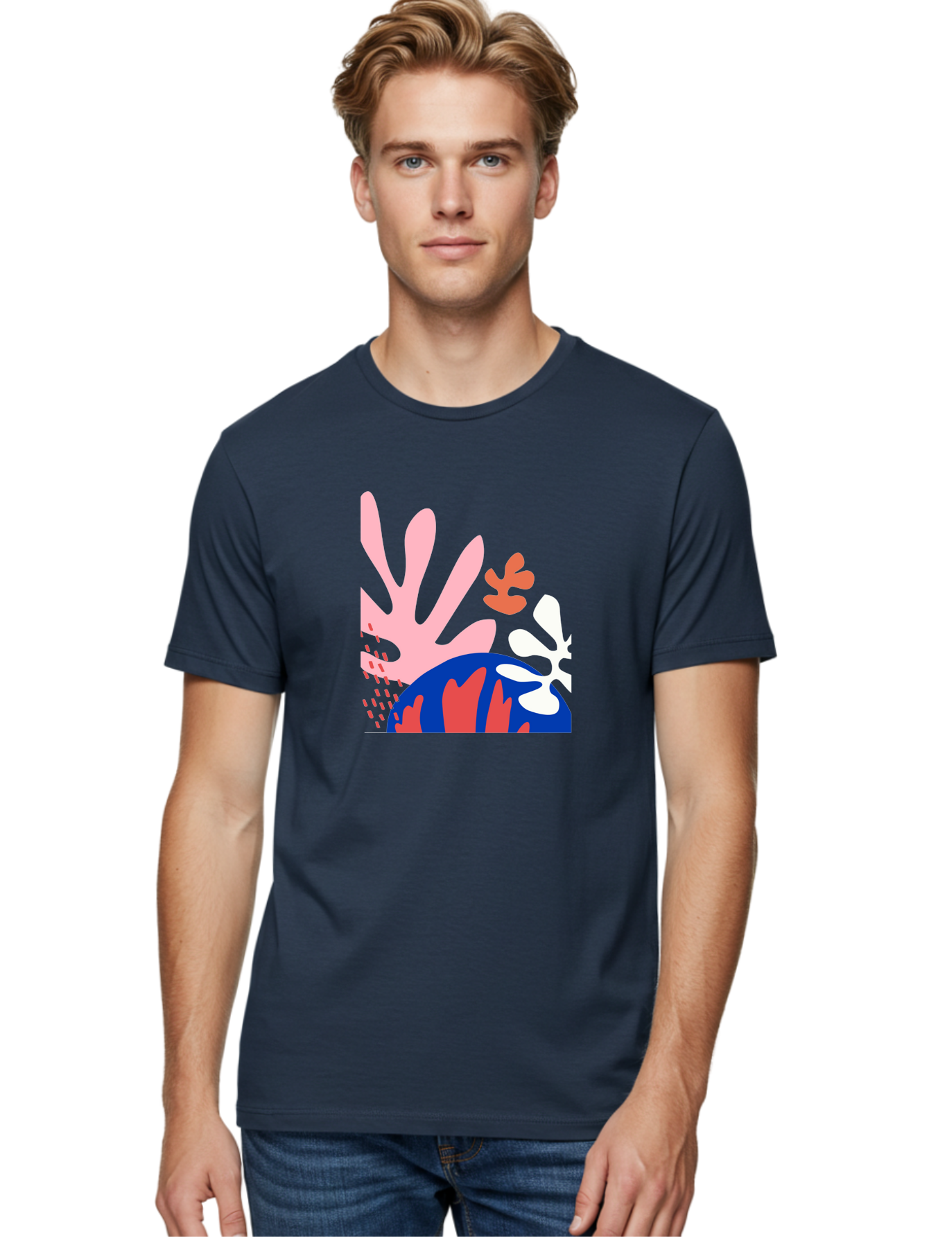 Abstract-Art Men'S Graphic Tee, 100% Cotton, Comfortable Casual Summer Wear, Machine Washable, Abstract Floral Design, Vibrant Colors, Playful Patterns, Blue And Red Globe, Pink Background, Yellow Rectangle, Modern Art, Creative Graphic Aab600