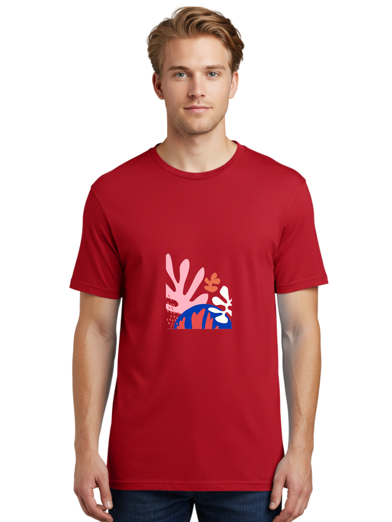 Abstract-Art Men'S Graphic Tee, 100% Cotton, Comfortable Casual Summer Wear, Machine Washable, Abstract Floral Design, Vibrant Colors, Playful Patterns, Blue And Red Globe, Pink Background, Yellow Rectangle, Modern Art, Creative Graphic Aab600