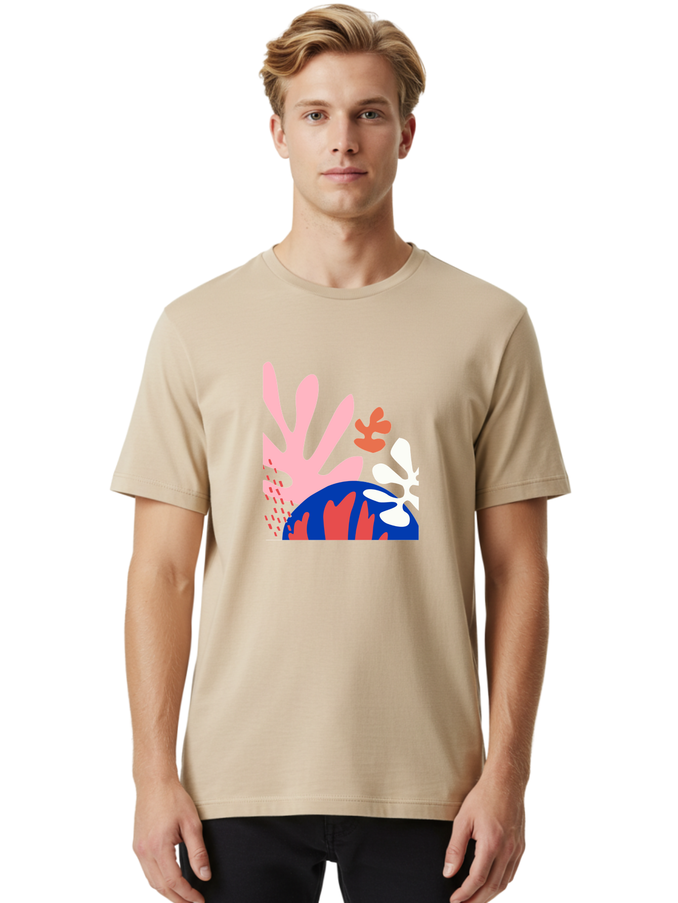 Abstract-Art Men'S Graphic Tee, 100% Cotton, Comfortable Casual Summer Wear, Machine Washable, Abstract Floral Design, Vibrant Colors, Playful Patterns, Blue And Red Globe, Pink Background, Yellow Rectangle, Modern Art, Creative Graphic Aab600