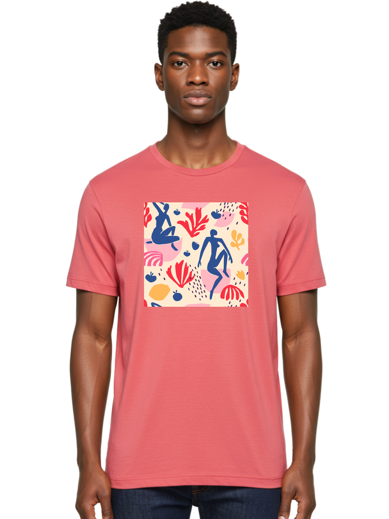 Abstract-Figures Men'S Graphic Tee, 100% Cotton, Comfortable Casual Summer Wear, Machine Washable, Blue Silhouettes Dancing, Abstract Floral Pattern, Vibrant Colors, Dynamic Movement, Playful Atmosphere, Modern Art, Colorful Design, Aab601