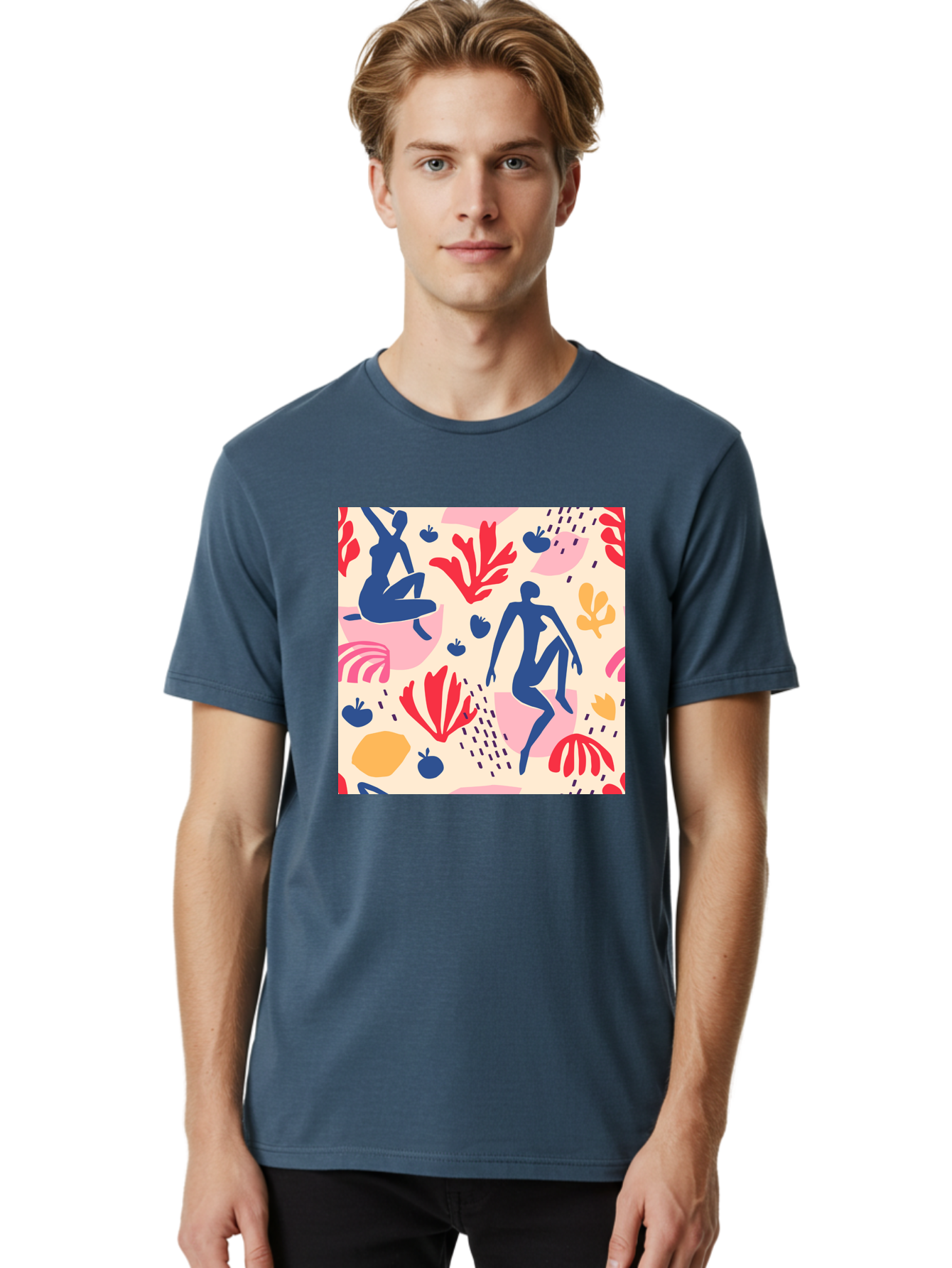 Abstract-Figures Men'S Graphic Tee, 100% Cotton, Comfortable Casual Summer Wear, Machine Washable, Blue Silhouettes Dancing, Abstract Floral Pattern, Vibrant Colors, Dynamic Movement, Playful Atmosphere, Modern Art, Colorful Design, Aab601