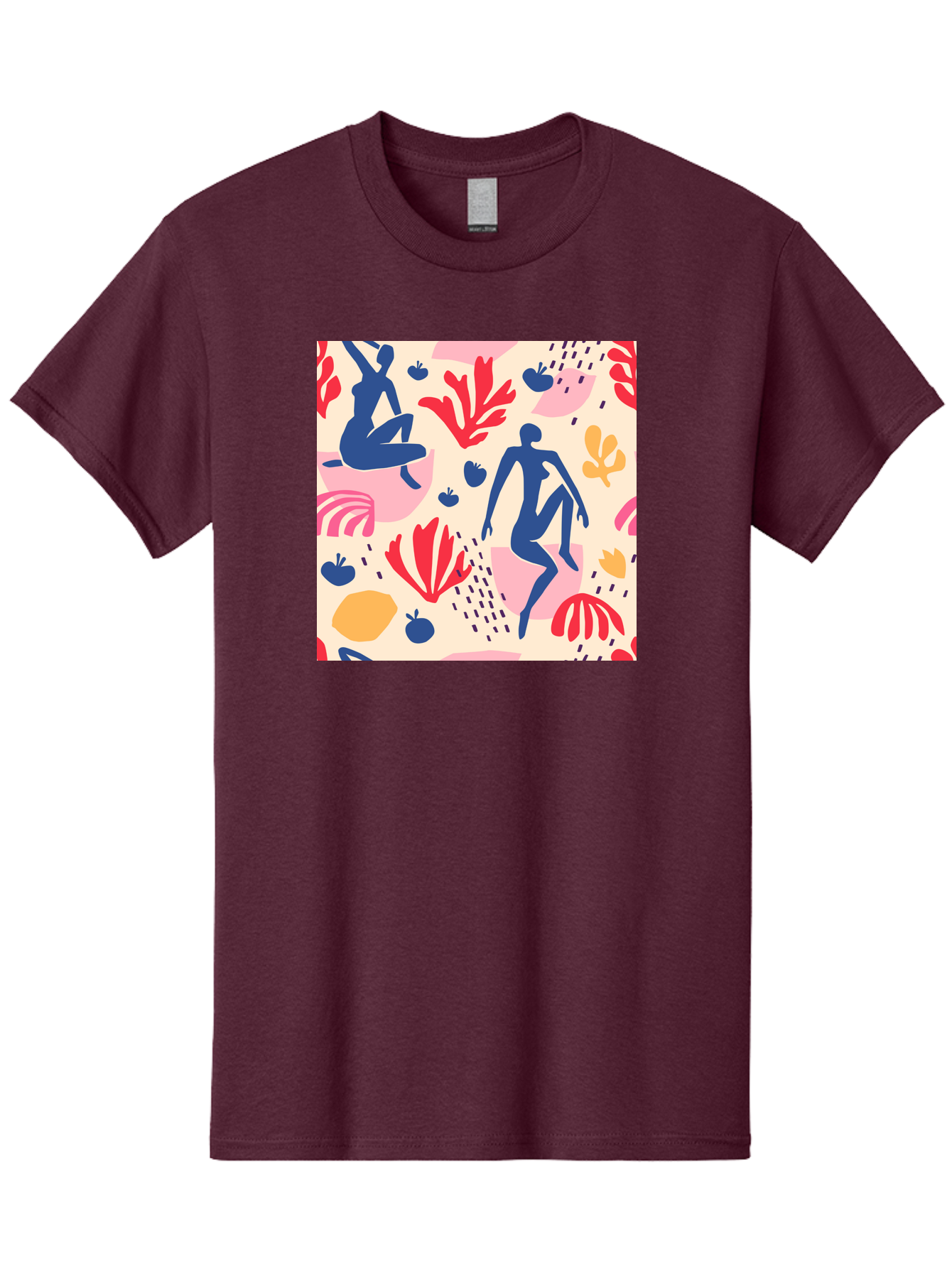 Abstract-Figures Men'S Graphic Tee, 100% Cotton, Comfortable Casual Summer Wear, Machine Washable, Blue Silhouettes Dancing, Abstract Floral Pattern, Vibrant Colors, Dynamic Movement, Playful Atmosphere, Modern Art, Colorful Design, Aab601