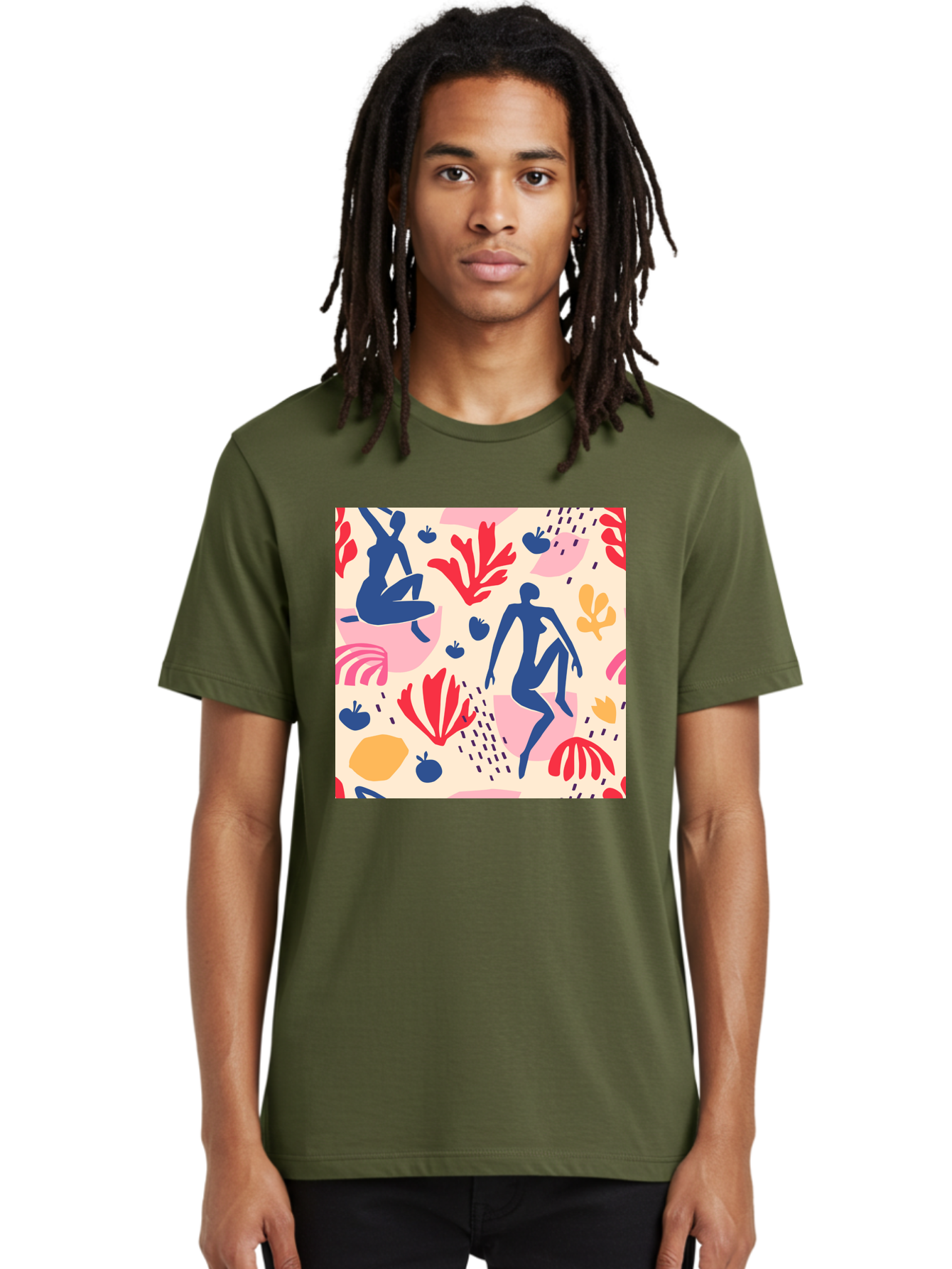 Abstract-Figures Men'S Graphic Tee, 100% Cotton, Comfortable Casual Summer Wear, Machine Washable, Blue Silhouettes Dancing, Abstract Floral Pattern, Vibrant Colors, Dynamic Movement, Playful Atmosphere, Modern Art, Colorful Design, Aab601