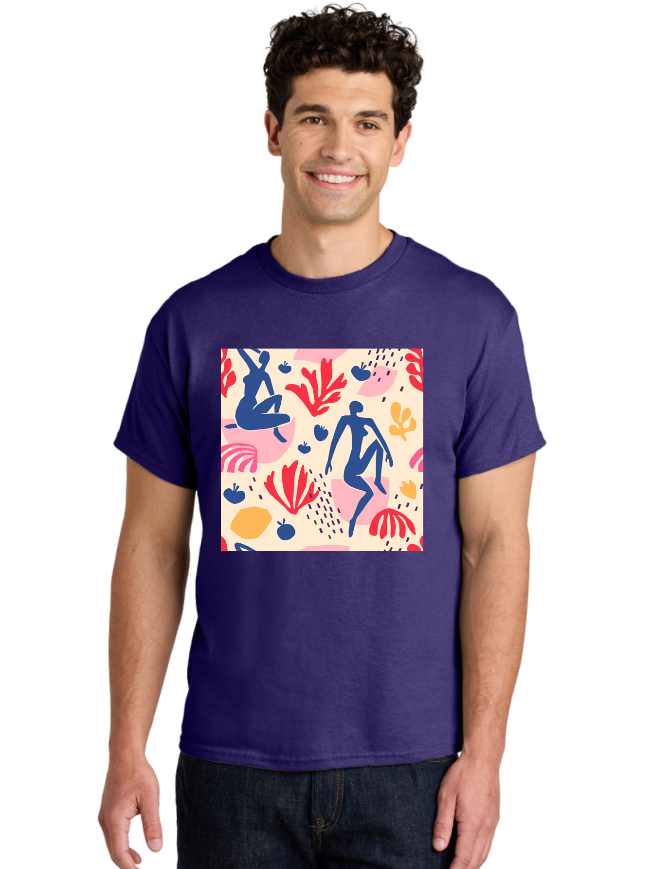 Abstract-Figures Men'S Graphic Tee, 100% Cotton, Comfortable Casual Summer Wear, Machine Washable, Blue Silhouettes Dancing, Abstract Floral Pattern, Vibrant Colors, Dynamic Movement, Playful Atmosphere, Modern Art, Colorful Design, Aab601