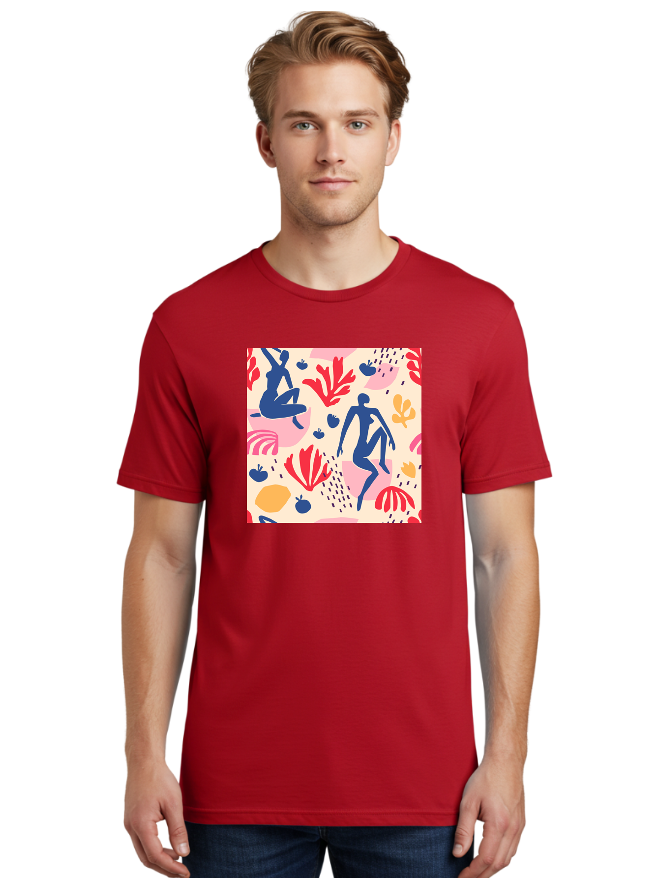 Abstract-Figures Men'S Graphic Tee, 100% Cotton, Comfortable Casual Summer Wear, Machine Washable, Blue Silhouettes Dancing, Abstract Floral Pattern, Vibrant Colors, Dynamic Movement, Playful Atmosphere, Modern Art, Colorful Design, Aab601