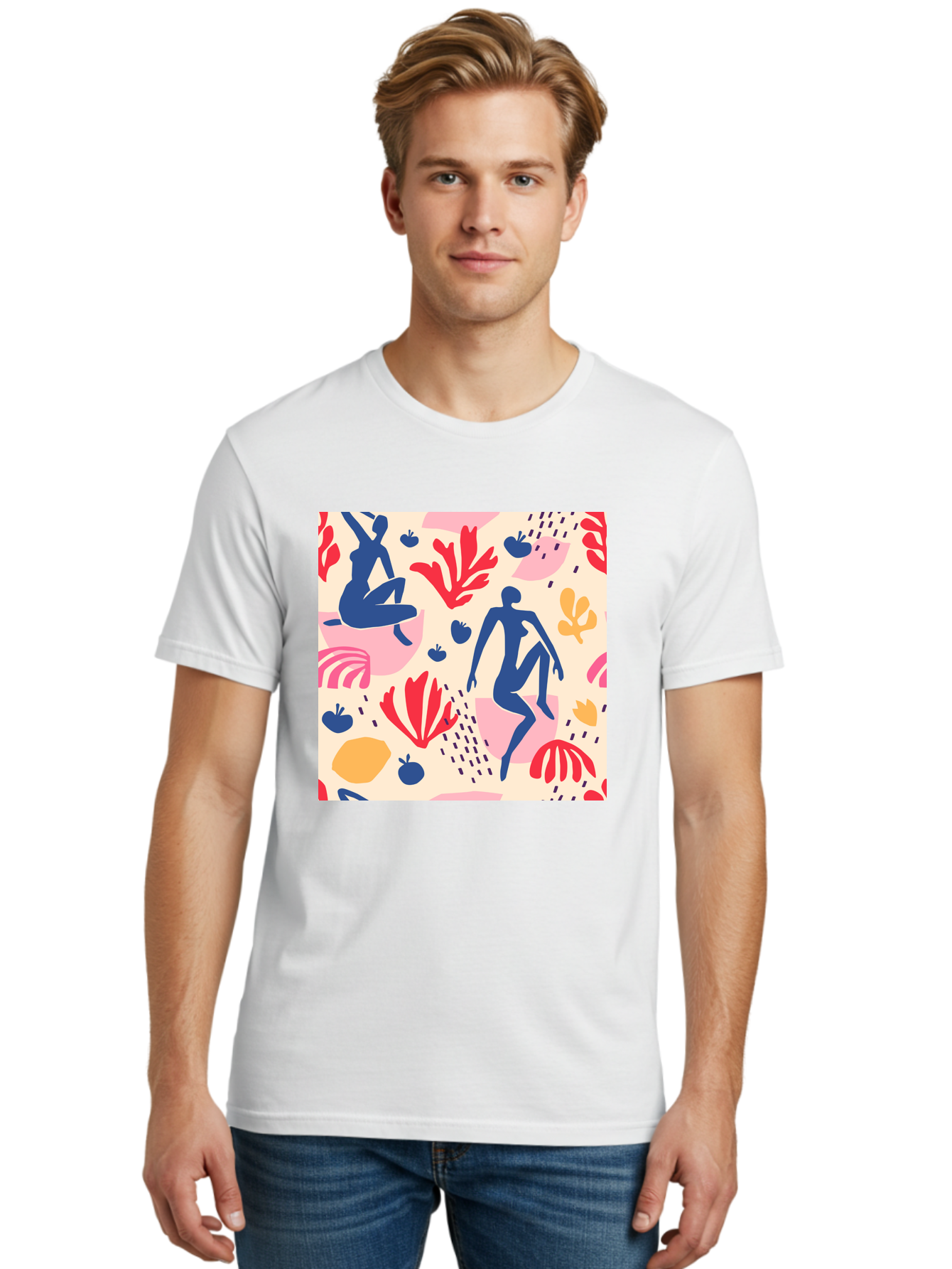 Abstract-Figures Men'S Graphic Tee, 100% Cotton, Comfortable Casual Summer Wear, Machine Washable, Blue Silhouettes Dancing, Abstract Floral Pattern, Vibrant Colors, Dynamic Movement, Playful Atmosphere, Modern Art, Colorful Design, Aab601