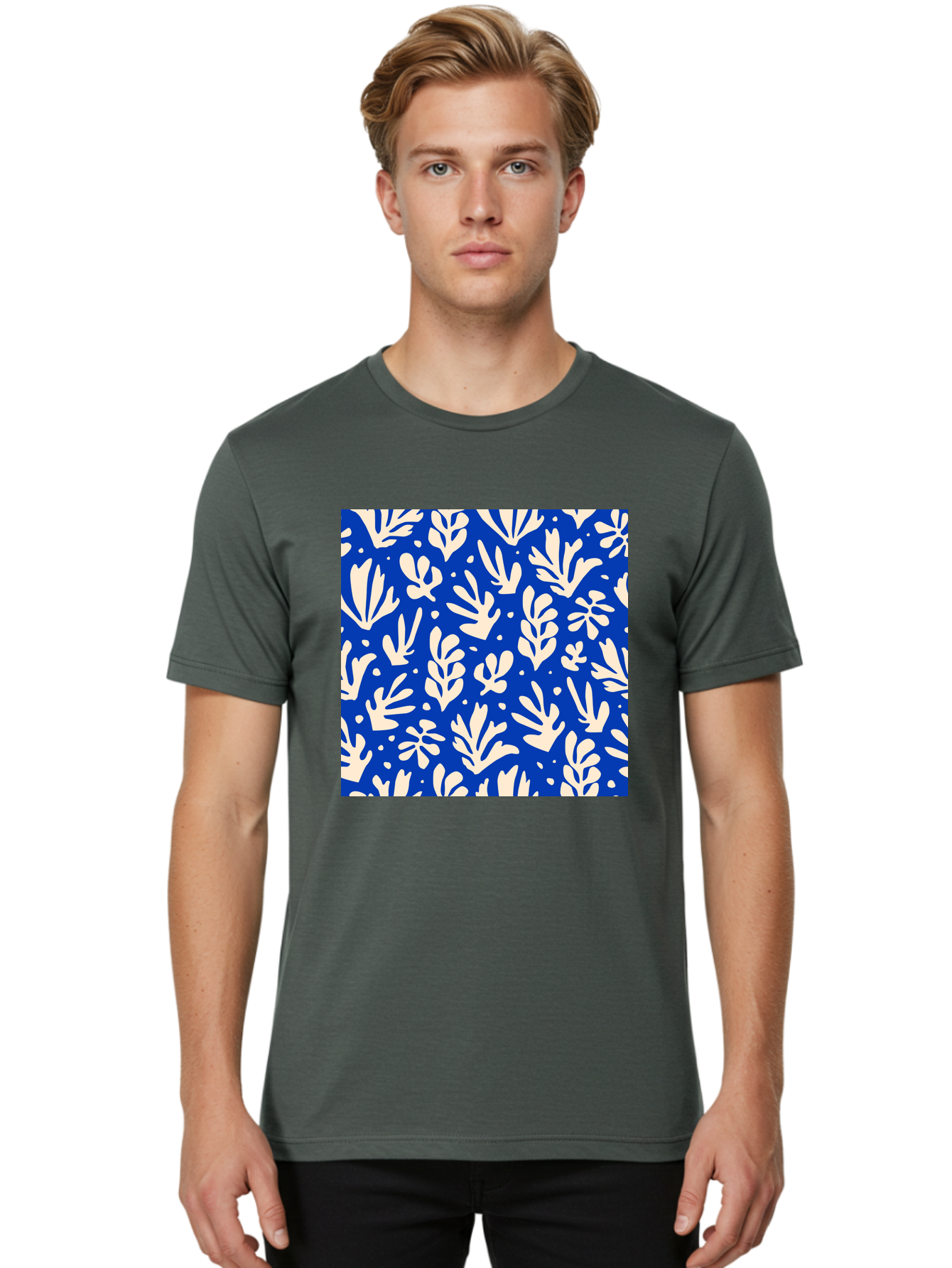 Blue-Floral-Pattern Men'S Graphic Tee, 100% Cotton, Comfortable Casual Summer Wear, Machine Washable, Floral Pattern, Leaf Design, Botanical Elements, Blue Background, Cream-Colored Flowers, Abstract Foliage, Repeating Design, Aab605
