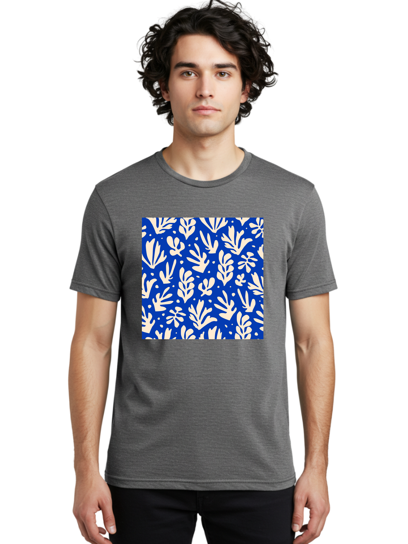 Blue-Floral-Pattern Men'S Graphic Tee, 100% Cotton, Comfortable Casual Summer Wear, Machine Washable, Floral Pattern, Leaf Design, Botanical Elements, Blue Background, Cream-Colored Flowers, Abstract Foliage, Repeating Design, Aab605