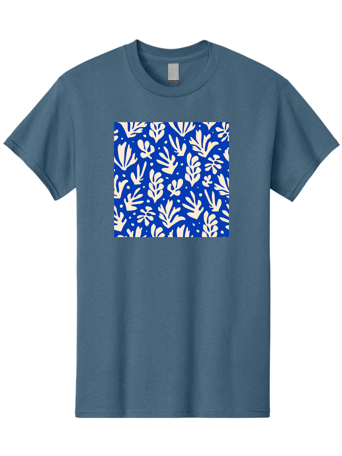 Blue-Floral-Pattern Men'S Graphic Tee, 100% Cotton, Comfortable Casual Summer Wear, Machine Washable, Floral Pattern, Leaf Design, Botanical Elements, Blue Background, Cream-Colored Flowers, Abstract Foliage, Repeating Design, Aab605