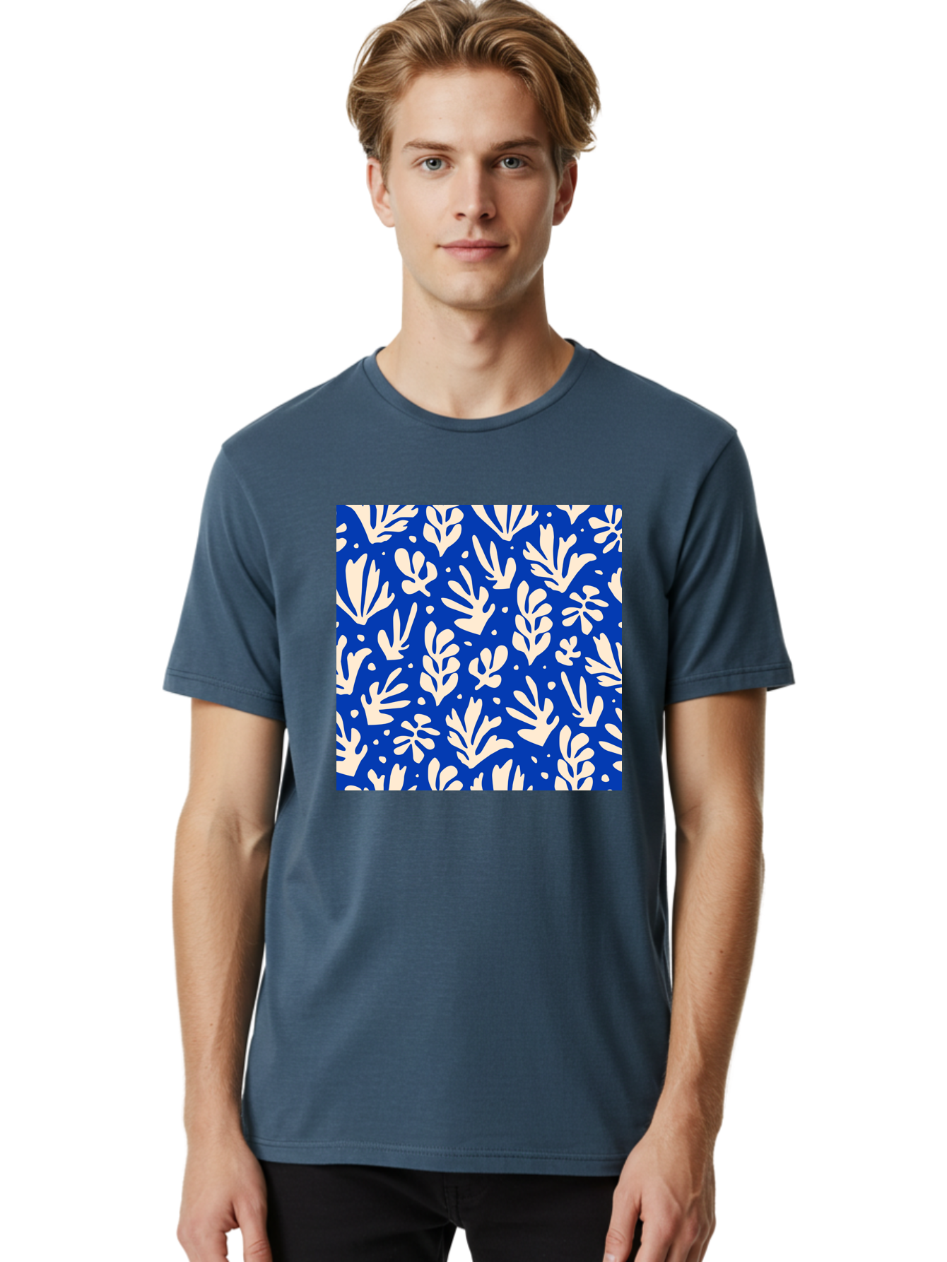 Blue-Floral-Pattern Men'S Graphic Tee, 100% Cotton, Comfortable Casual Summer Wear, Machine Washable, Floral Pattern, Leaf Design, Botanical Elements, Blue Background, Cream-Colored Flowers, Abstract Foliage, Repeating Design, Aab605