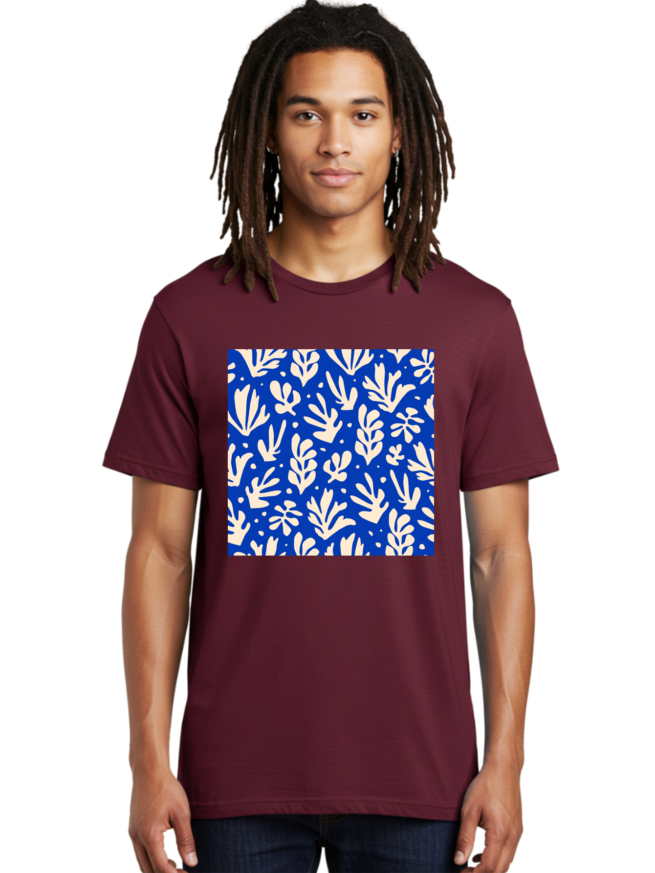 Blue-Floral-Pattern Men'S Graphic Tee, 100% Cotton, Comfortable Casual Summer Wear, Machine Washable, Floral Pattern, Leaf Design, Botanical Elements, Blue Background, Cream-Colored Flowers, Abstract Foliage, Repeating Design, Aab605