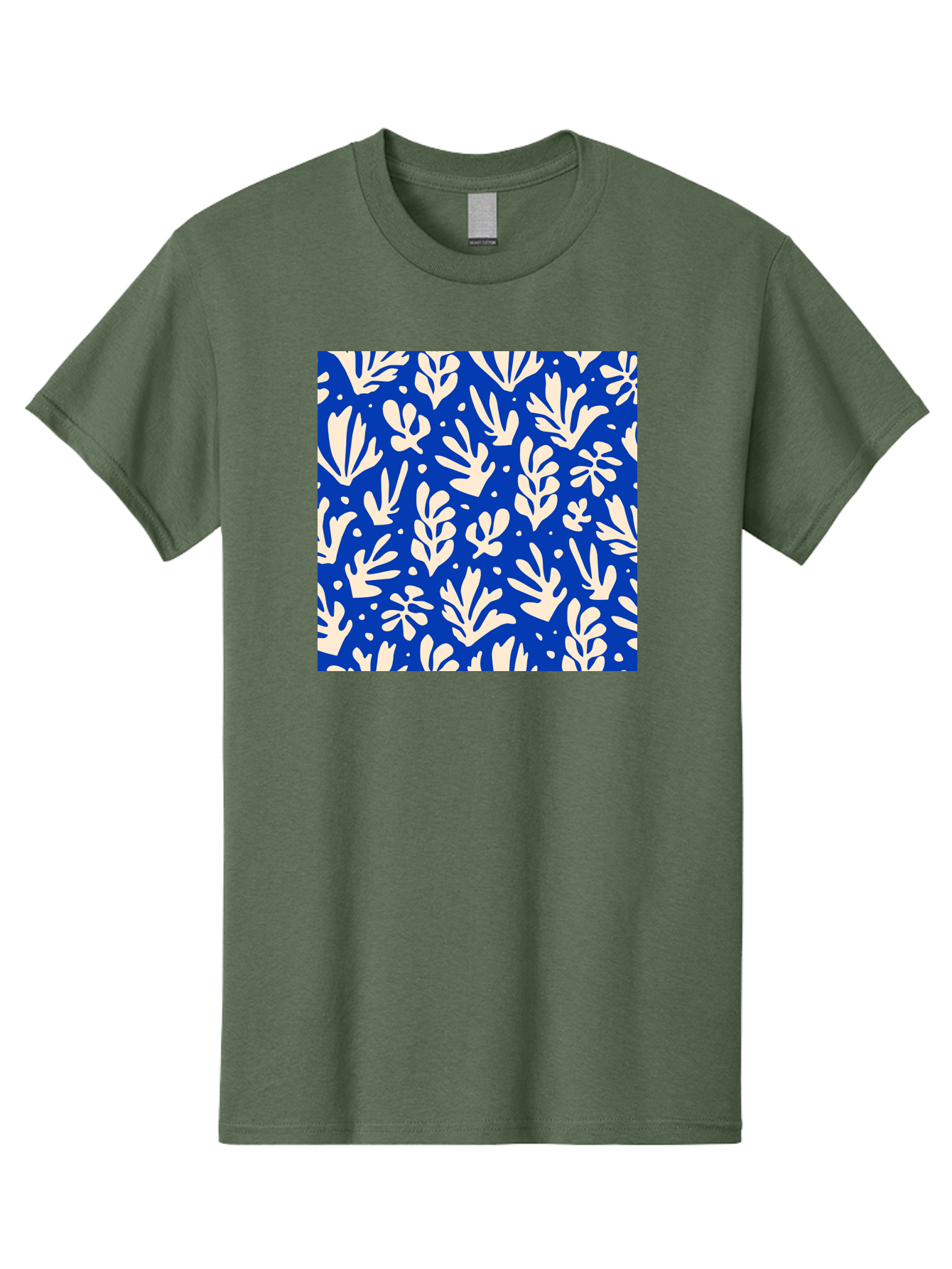 Blue-Floral-Pattern Men'S Graphic Tee, 100% Cotton, Comfortable Casual Summer Wear, Machine Washable, Floral Pattern, Leaf Design, Botanical Elements, Blue Background, Cream-Colored Flowers, Abstract Foliage, Repeating Design, Aab605