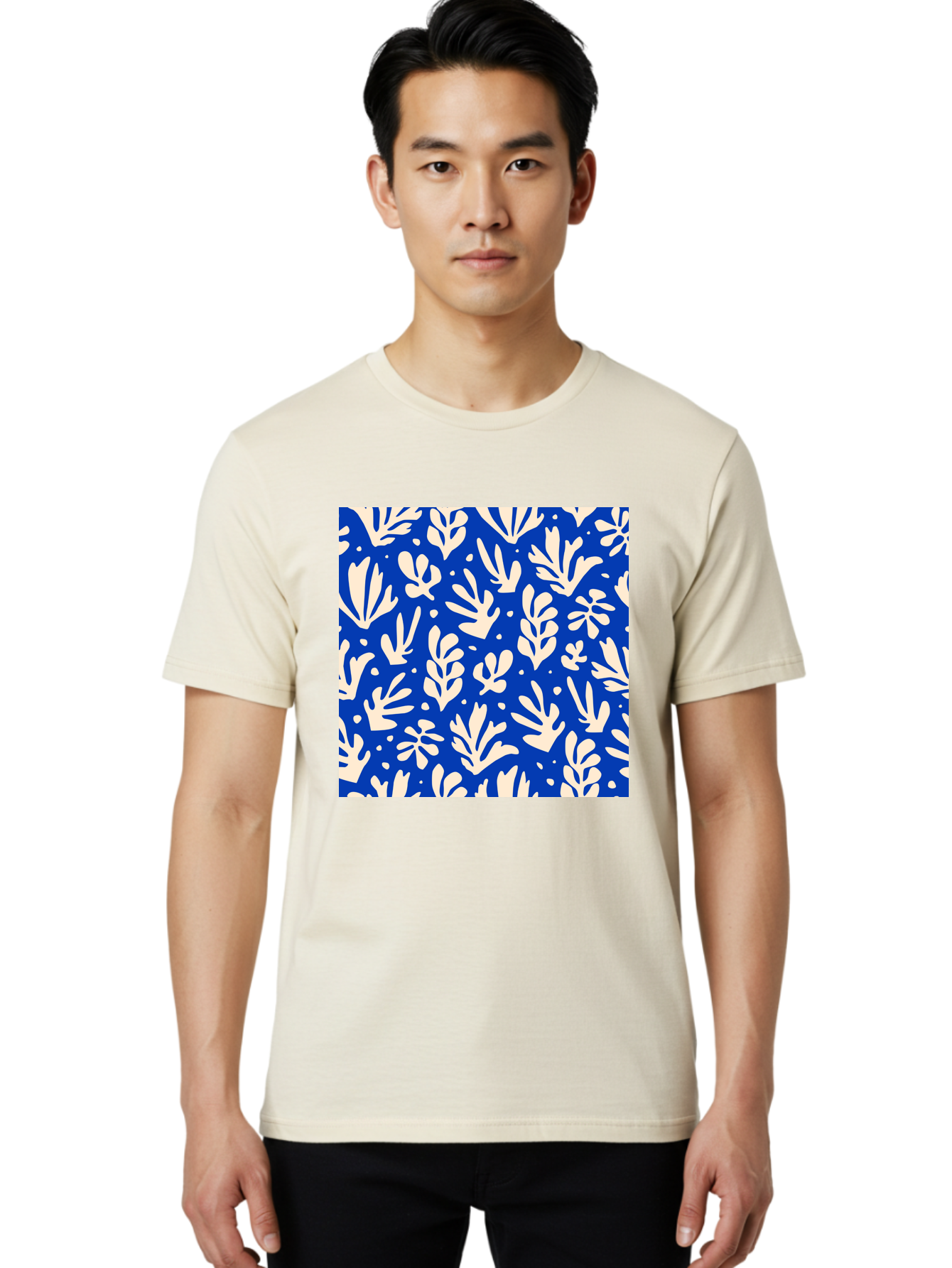 Blue-Floral-Pattern Men'S Graphic Tee, 100% Cotton, Comfortable Casual Summer Wear, Machine Washable, Floral Pattern, Leaf Design, Botanical Elements, Blue Background, Cream-Colored Flowers, Abstract Foliage, Repeating Design, Aab605
