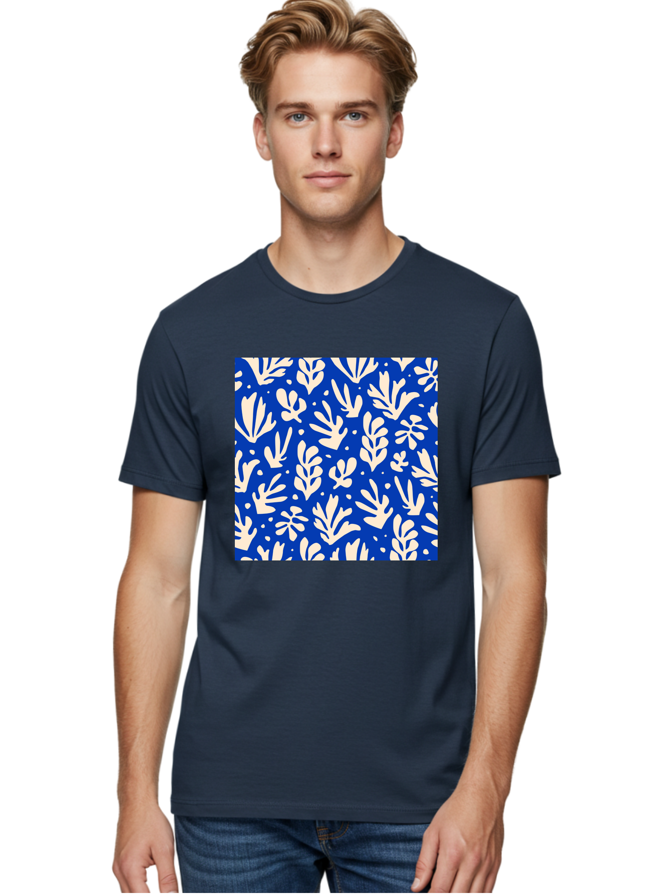 Blue-Floral-Pattern Men'S Graphic Tee, 100% Cotton, Comfortable Casual Summer Wear, Machine Washable, Floral Pattern, Leaf Design, Botanical Elements, Blue Background, Cream-Colored Flowers, Abstract Foliage, Repeating Design, Aab605