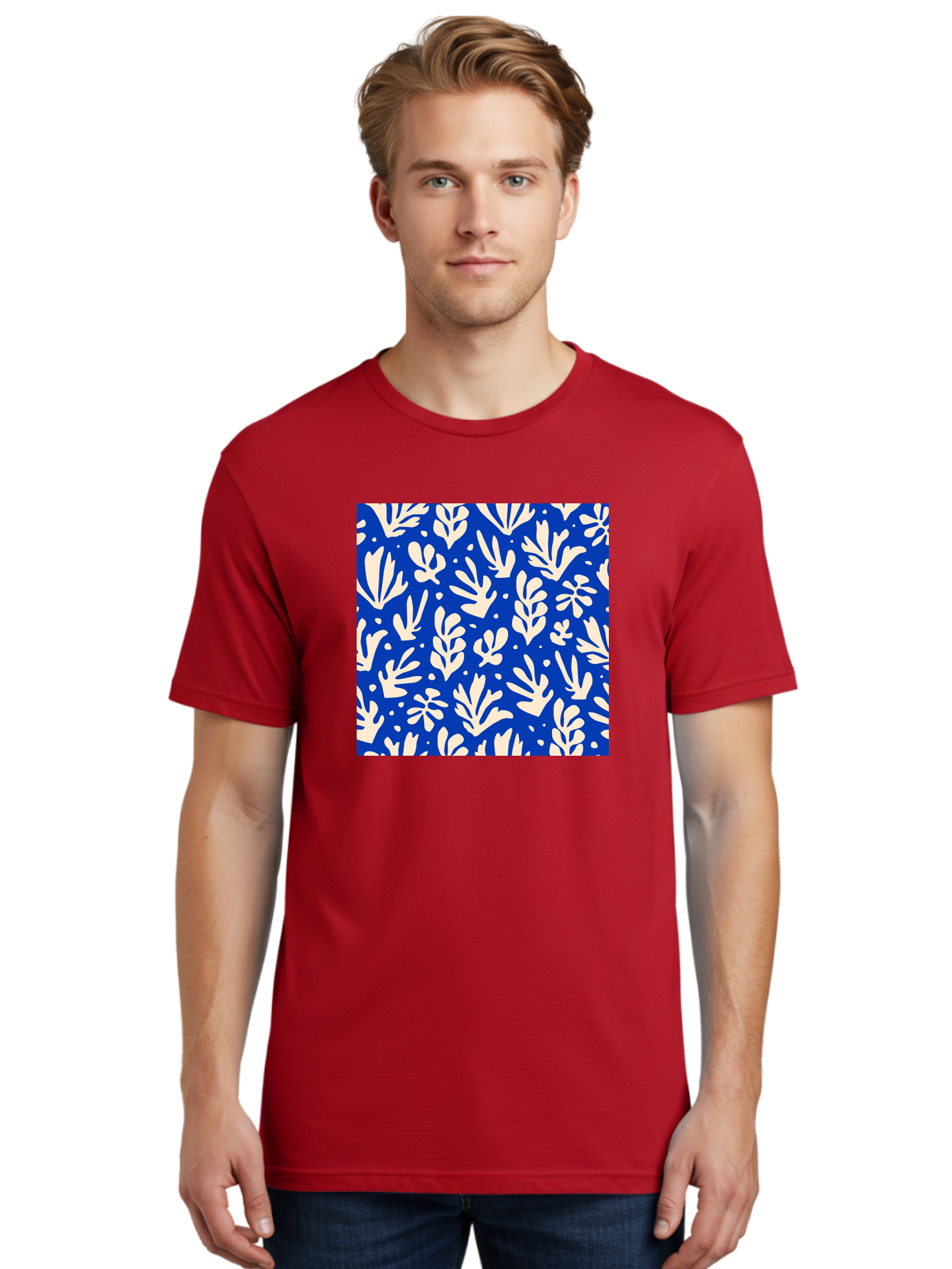 Blue-Floral-Pattern Men'S Graphic Tee, 100% Cotton, Comfortable Casual Summer Wear, Machine Washable, Floral Pattern, Leaf Design, Botanical Elements, Blue Background, Cream-Colored Flowers, Abstract Foliage, Repeating Design, Aab605