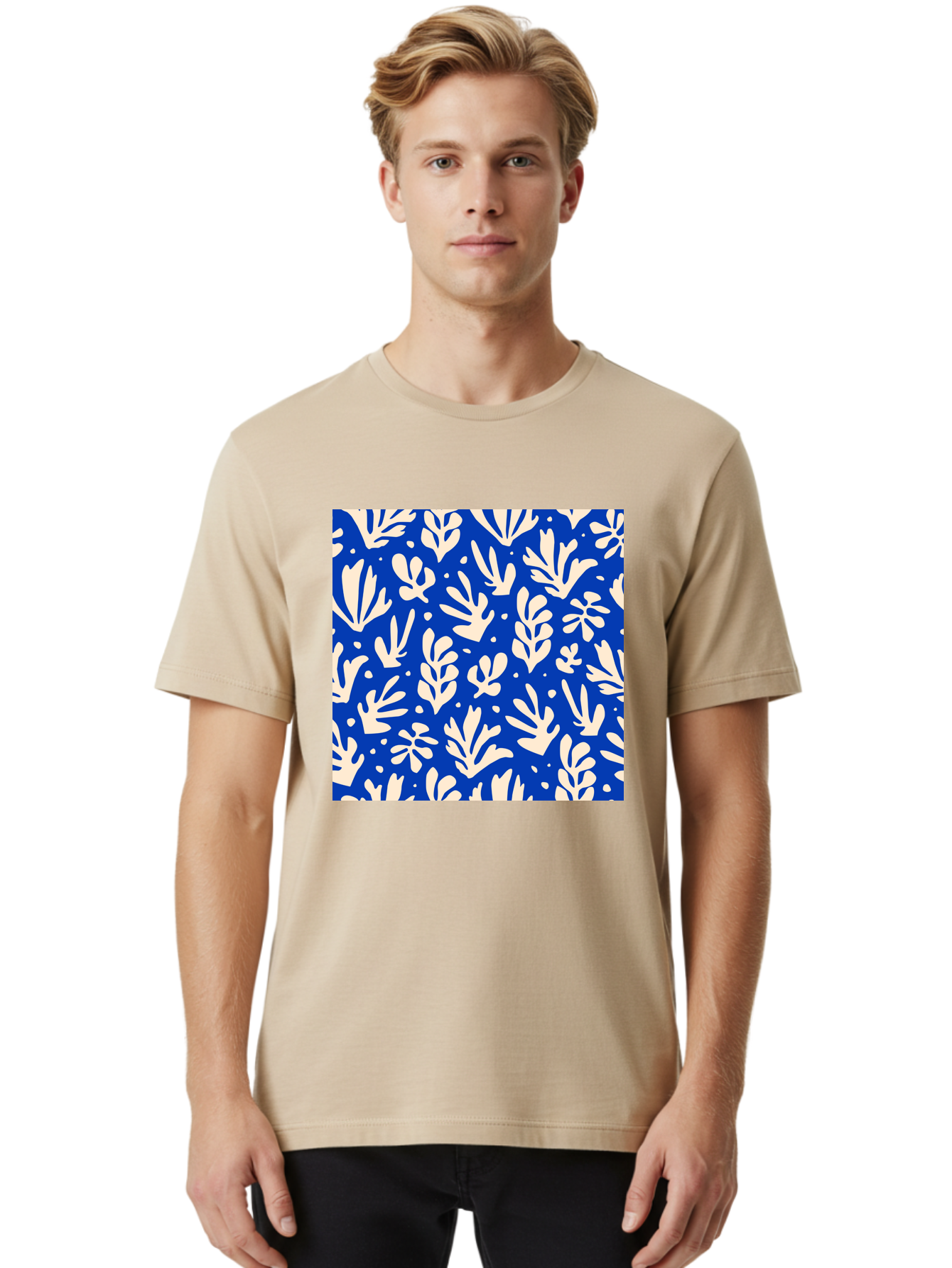Blue-Floral-Pattern Men'S Graphic Tee, 100% Cotton, Comfortable Casual Summer Wear, Machine Washable, Floral Pattern, Leaf Design, Botanical Elements, Blue Background, Cream-Colored Flowers, Abstract Foliage, Repeating Design, Aab605