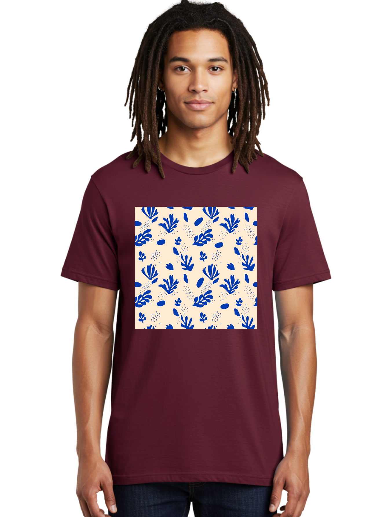 Blue-Florals Men'S Graphic Tee, 100% Cotton, Comfortable Casual Summer Wear, Machine Washable, Blue Flowers, Floral Pattern, Abstract Design, Minimalist Style, Botanical Elements, Decorative Motifs, Cream Background, Hand Drawn, Aab606
