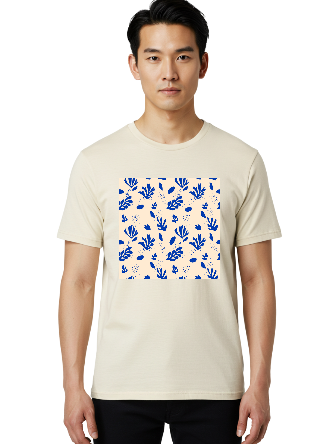 Blue-Florals Men'S Graphic Tee, 100% Cotton, Comfortable Casual Summer Wear, Machine Washable, Blue Flowers, Floral Pattern, Abstract Design, Minimalist Style, Botanical Elements, Decorative Motifs, Cream Background, Hand Drawn, Aab606