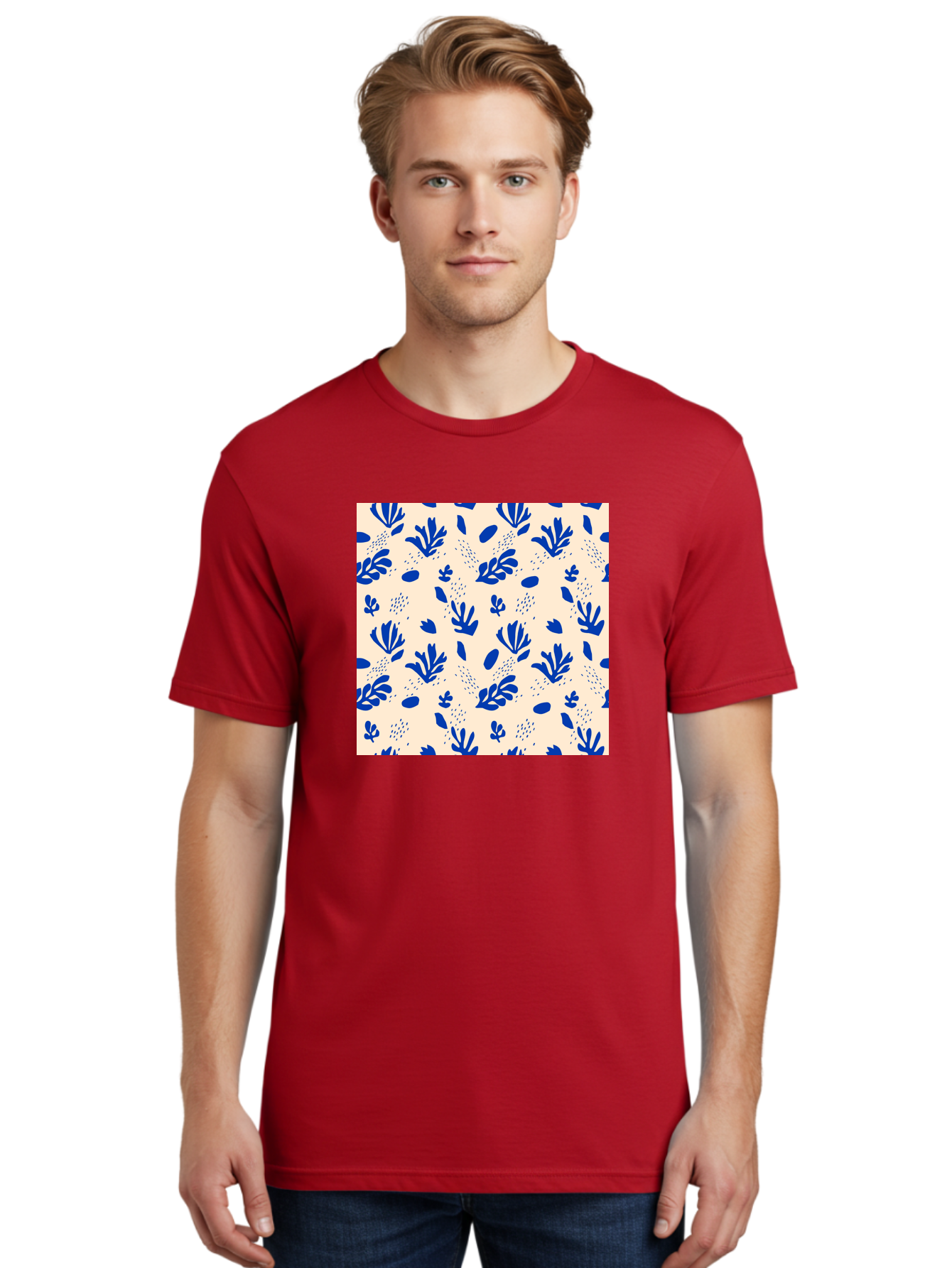 Blue-Florals Men'S Graphic Tee, 100% Cotton, Comfortable Casual Summer Wear, Machine Washable, Blue Flowers, Floral Pattern, Abstract Design, Minimalist Style, Botanical Elements, Decorative Motifs, Cream Background, Hand Drawn, Aab606