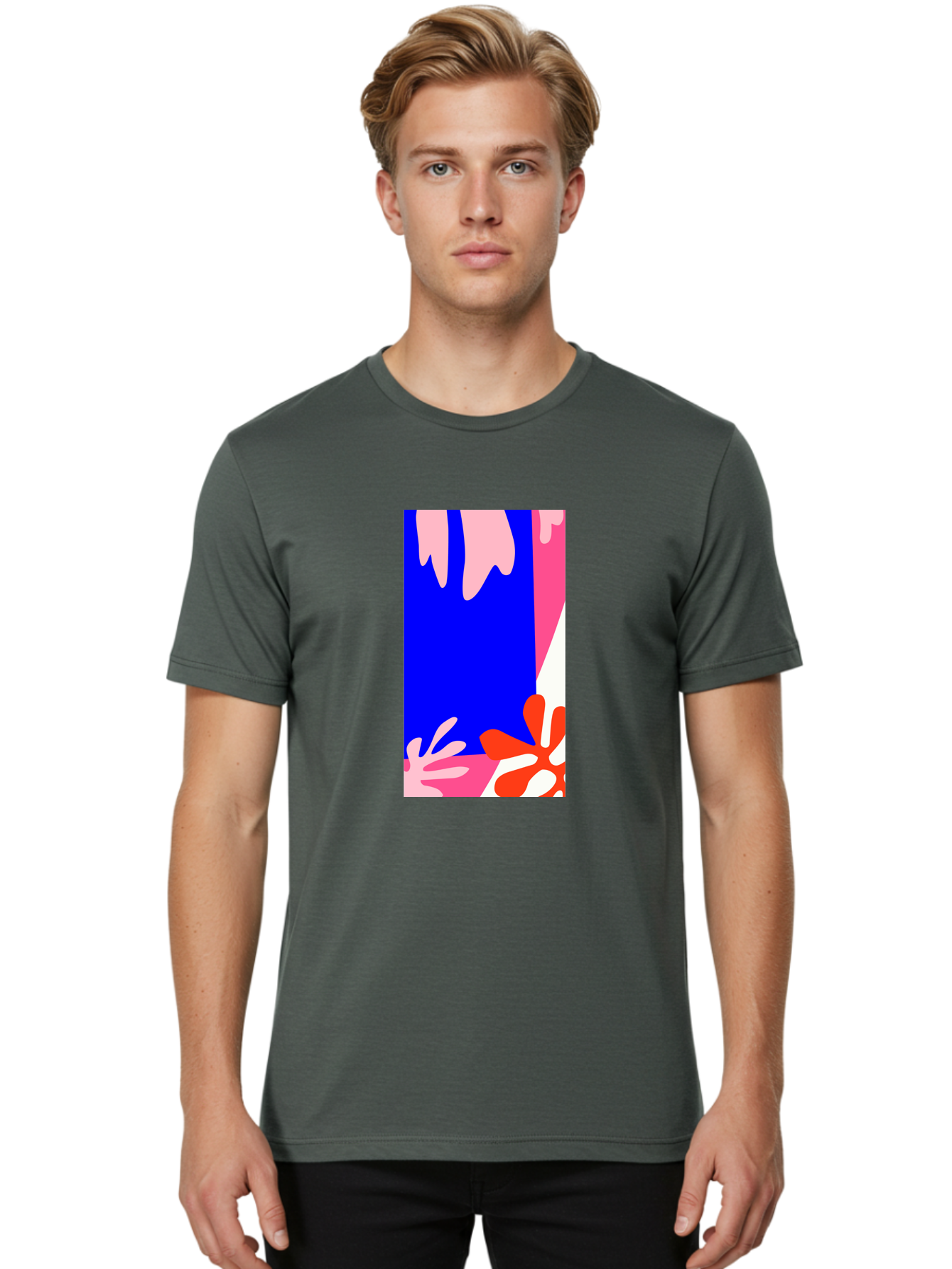 Blue-Strip Men'S Graphic Tee, 100% Cotton, Comfortable Casual Summer Wear, Machine Washable, Abstract Floral Pattern, Vibrant Colors, Blue Background, Pink And Red Flowers, Artistic Design, Modern Art, Colorful Illustration, Floral Motif Aab607
