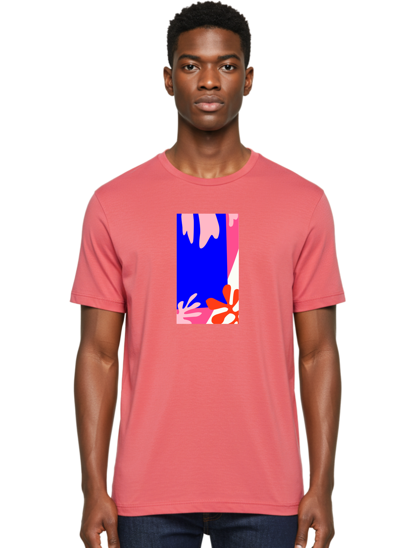 Blue-Strip Men'S Graphic Tee, 100% Cotton, Comfortable Casual Summer Wear, Machine Washable, Abstract Floral Pattern, Vibrant Colors, Blue Background, Pink And Red Flowers, Artistic Design, Modern Art, Colorful Illustration, Floral Motif Aab607