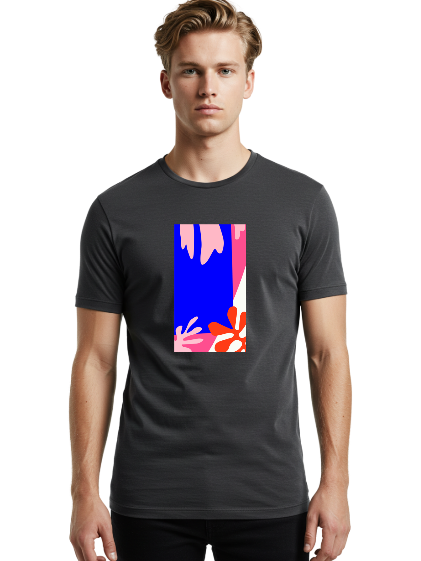 Blue-Strip Men'S Graphic Tee, 100% Cotton, Comfortable Casual Summer Wear, Machine Washable, Abstract Floral Pattern, Vibrant Colors, Blue Background, Pink And Red Flowers, Artistic Design, Modern Art, Colorful Illustration, Floral Motif Aab607