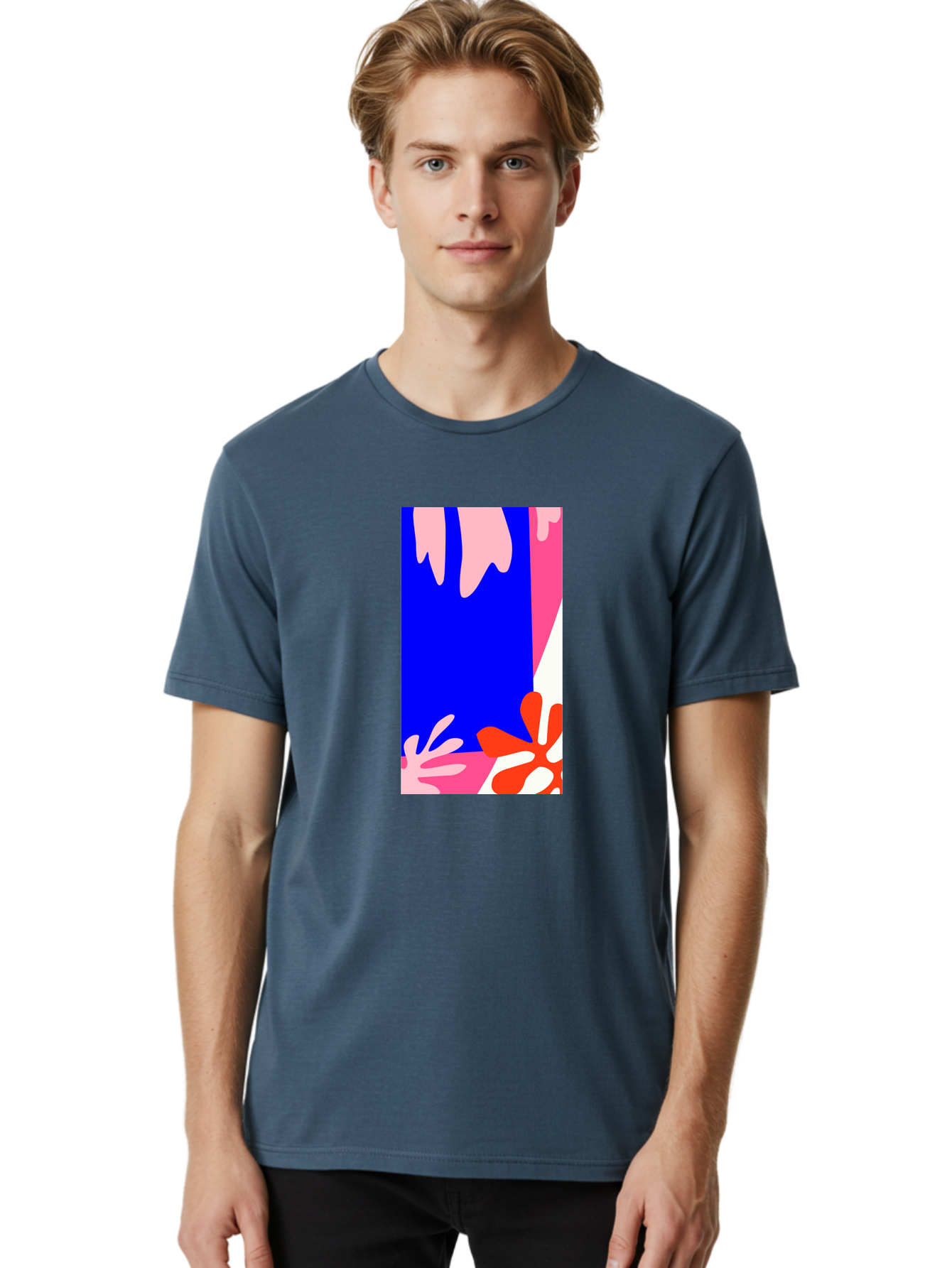 Blue-Strip Men'S Graphic Tee, 100% Cotton, Comfortable Casual Summer Wear, Machine Washable, Abstract Floral Pattern, Vibrant Colors, Blue Background, Pink And Red Flowers, Artistic Design, Modern Art, Colorful Illustration, Floral Motif Aab607