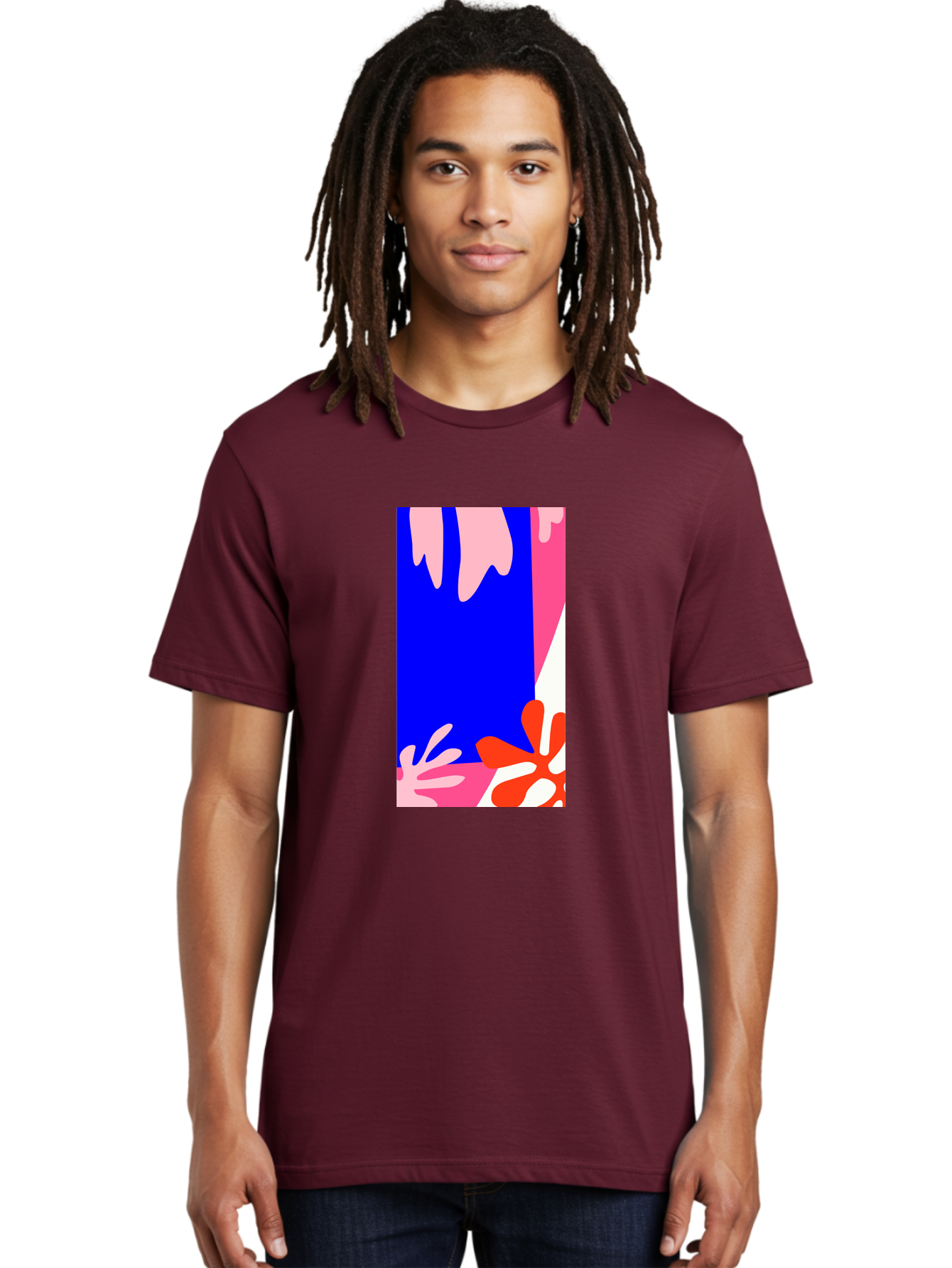 Blue-Strip Men'S Graphic Tee, 100% Cotton, Comfortable Casual Summer Wear, Machine Washable, Abstract Floral Pattern, Vibrant Colors, Blue Background, Pink And Red Flowers, Artistic Design, Modern Art, Colorful Illustration, Floral Motif Aab607