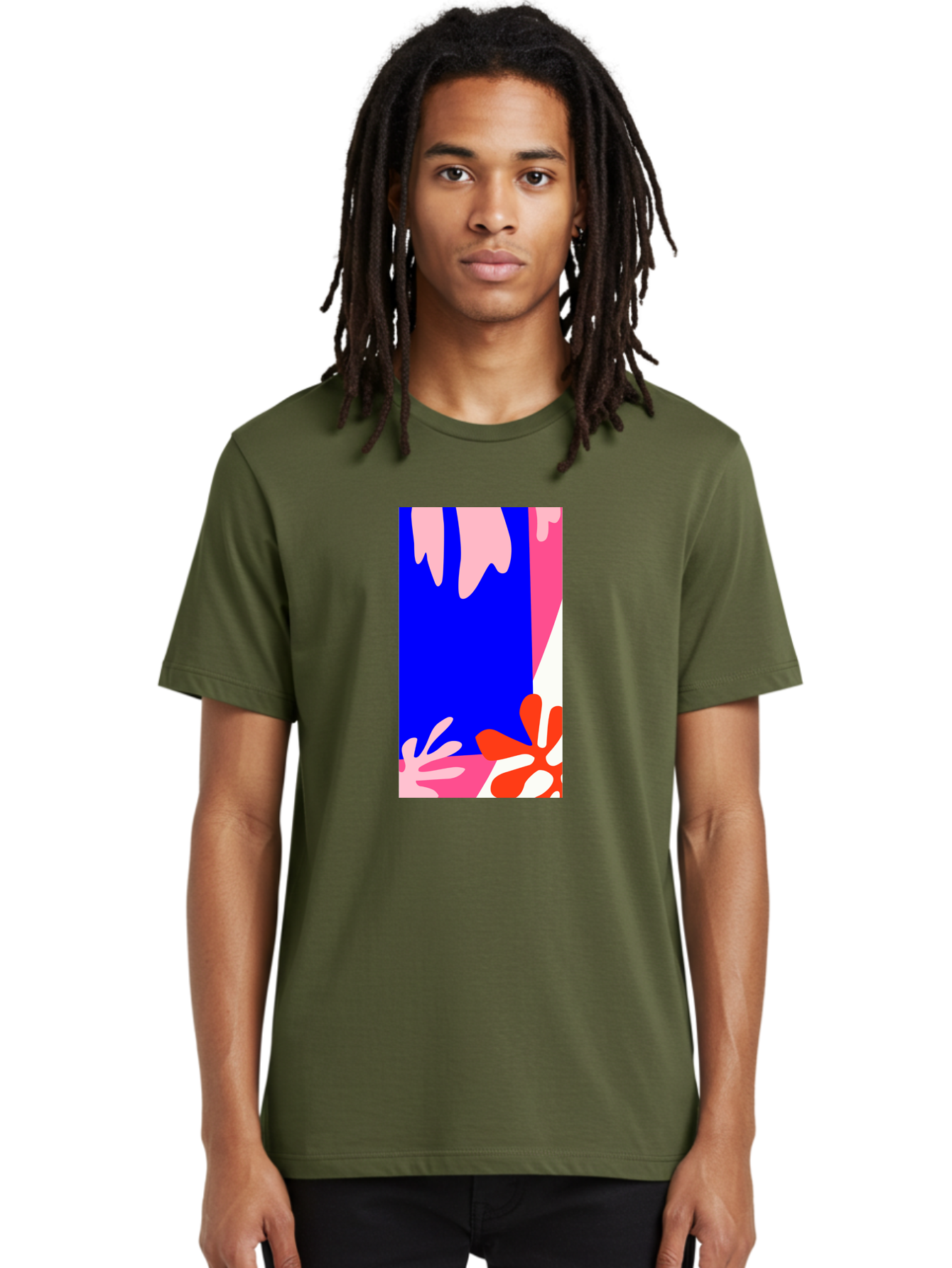 Blue-Strip Men'S Graphic Tee, 100% Cotton, Comfortable Casual Summer Wear, Machine Washable, Abstract Floral Pattern, Vibrant Colors, Blue Background, Pink And Red Flowers, Artistic Design, Modern Art, Colorful Illustration, Floral Motif Aab607