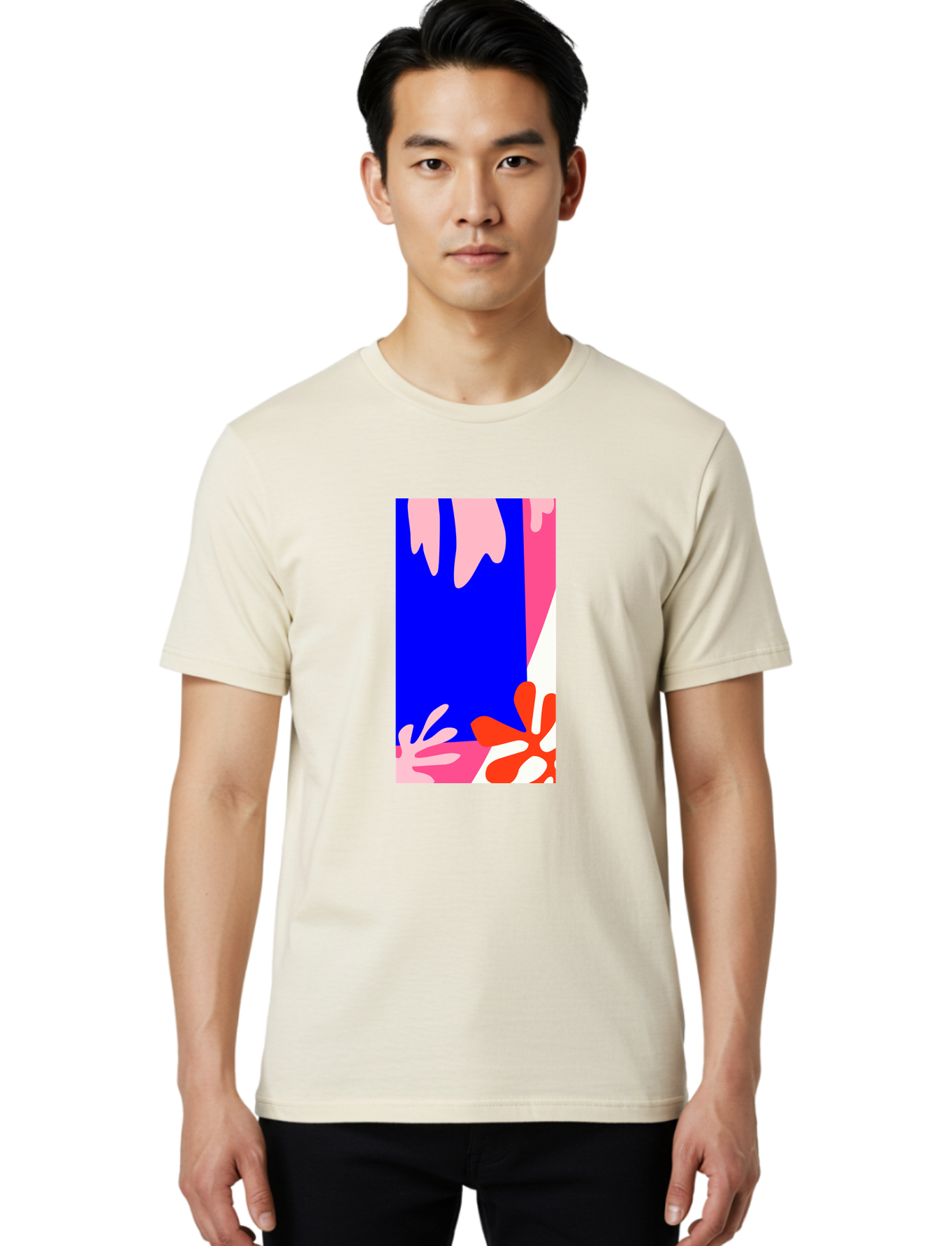 Blue-Strip Men'S Graphic Tee, 100% Cotton, Comfortable Casual Summer Wear, Machine Washable, Abstract Floral Pattern, Vibrant Colors, Blue Background, Pink And Red Flowers, Artistic Design, Modern Art, Colorful Illustration, Floral Motif Aab607