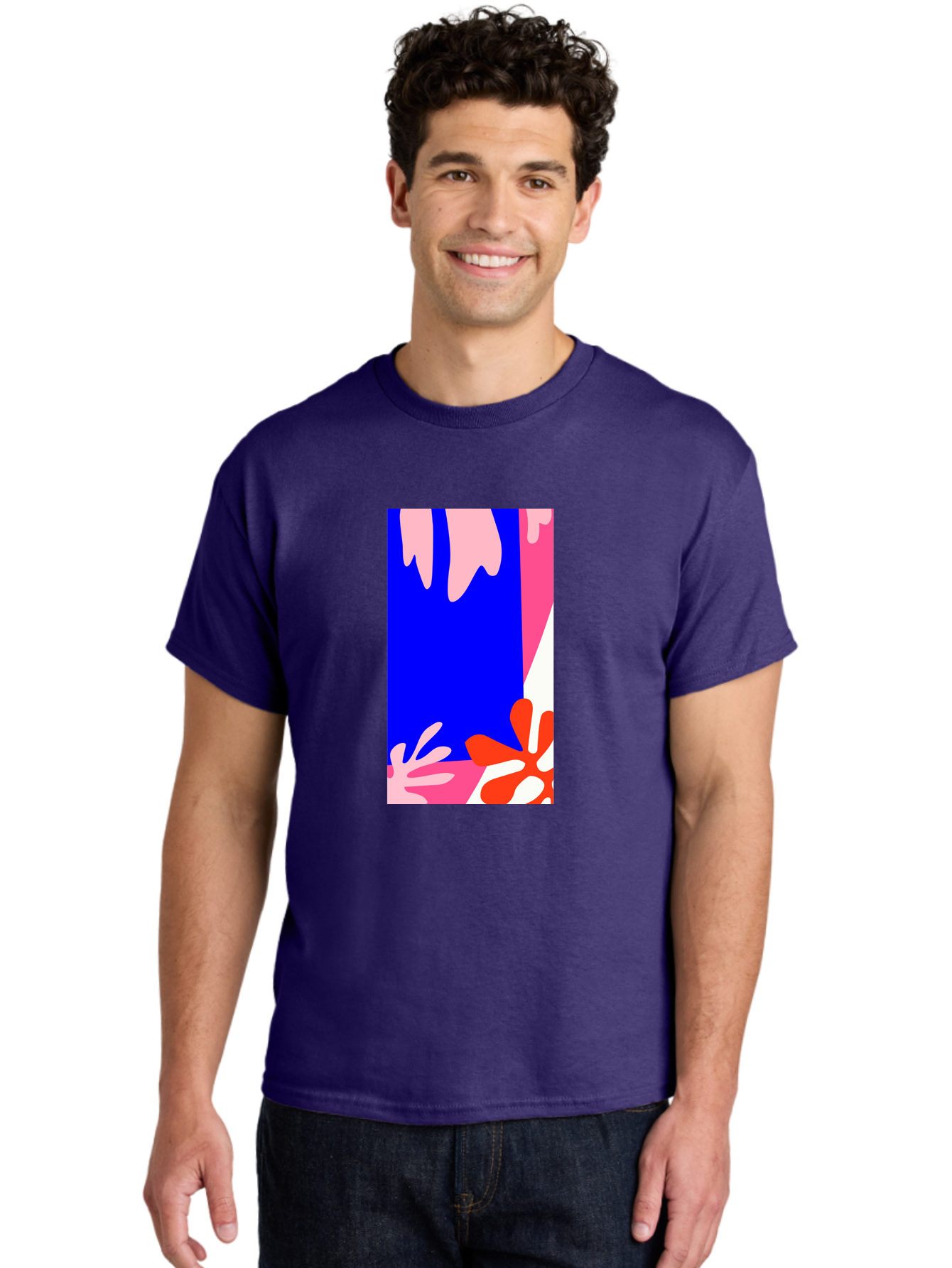 Blue-Strip Men'S Graphic Tee, 100% Cotton, Comfortable Casual Summer Wear, Machine Washable, Abstract Floral Pattern, Vibrant Colors, Blue Background, Pink And Red Flowers, Artistic Design, Modern Art, Colorful Illustration, Floral Motif Aab607