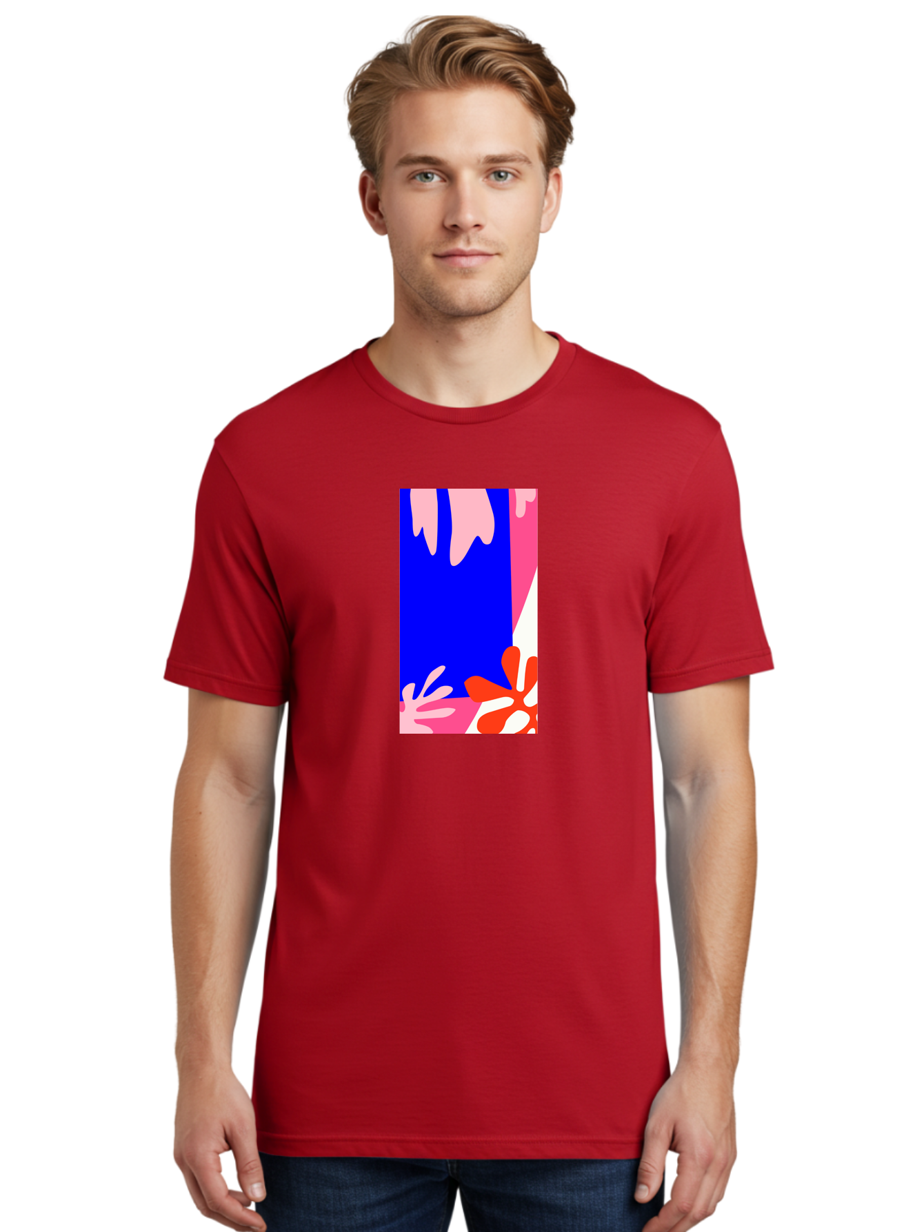 Blue-Strip Men'S Graphic Tee, 100% Cotton, Comfortable Casual Summer Wear, Machine Washable, Abstract Floral Pattern, Vibrant Colors, Blue Background, Pink And Red Flowers, Artistic Design, Modern Art, Colorful Illustration, Floral Motif Aab607
