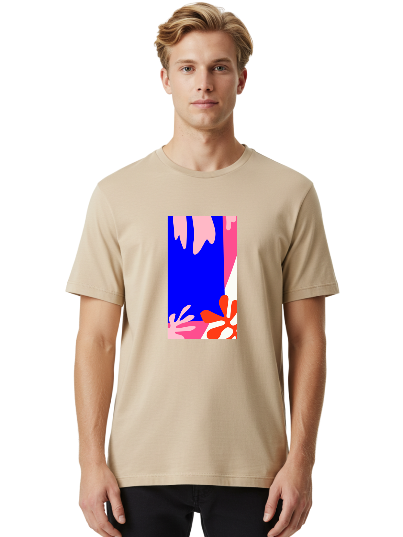 Blue-Strip Men'S Graphic Tee, 100% Cotton, Comfortable Casual Summer Wear, Machine Washable, Abstract Floral Pattern, Vibrant Colors, Blue Background, Pink And Red Flowers, Artistic Design, Modern Art, Colorful Illustration, Floral Motif Aab607