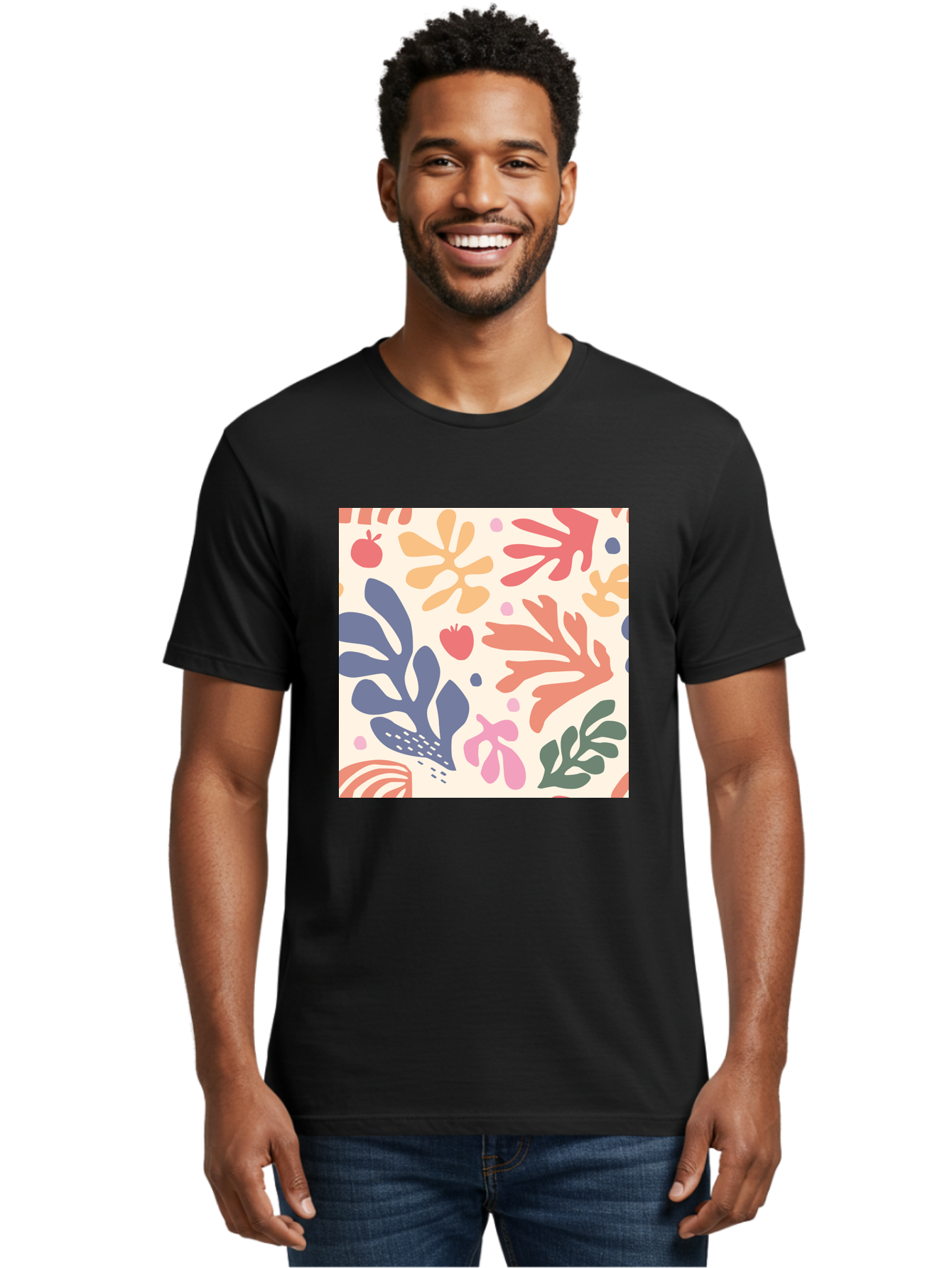Colorful-Floral-Pattern Men'S Graphic Tee, 100% Cotton, Comfortable Casual Summer Wear, Machine Washable, Colorful Floral Pattern, Abstract Flowers, Vibrant Colors, Playful Design, Whimsical Elements, Artistic Illustration, Red Apple, Aab608