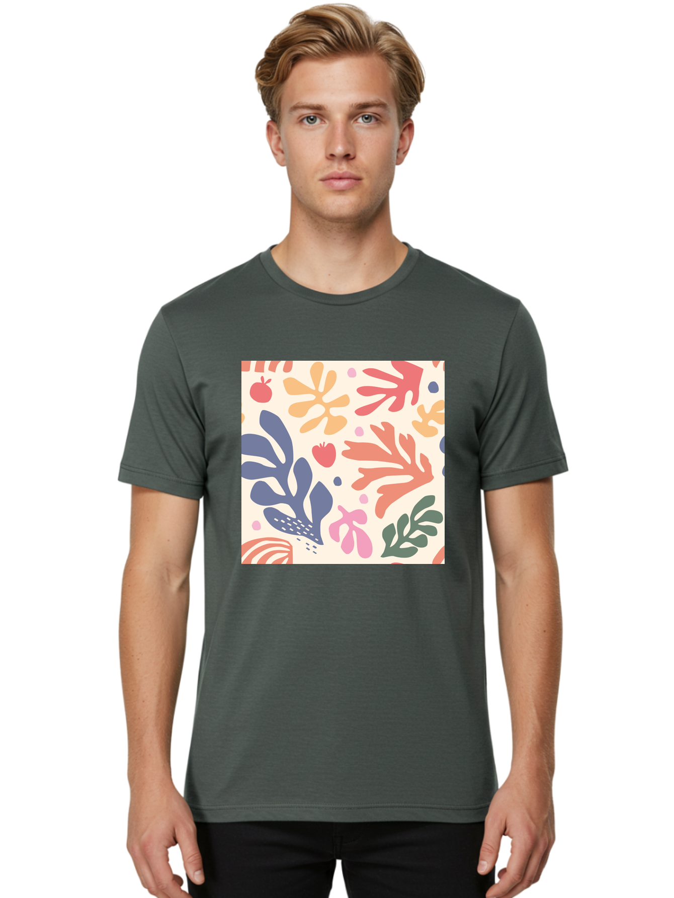 Colorful-Floral-Pattern Men'S Graphic Tee, 100% Cotton, Comfortable Casual Summer Wear, Machine Washable, Colorful Floral Pattern, Abstract Flowers, Vibrant Colors, Playful Design, Whimsical Elements, Artistic Illustration, Red Apple, Aab608