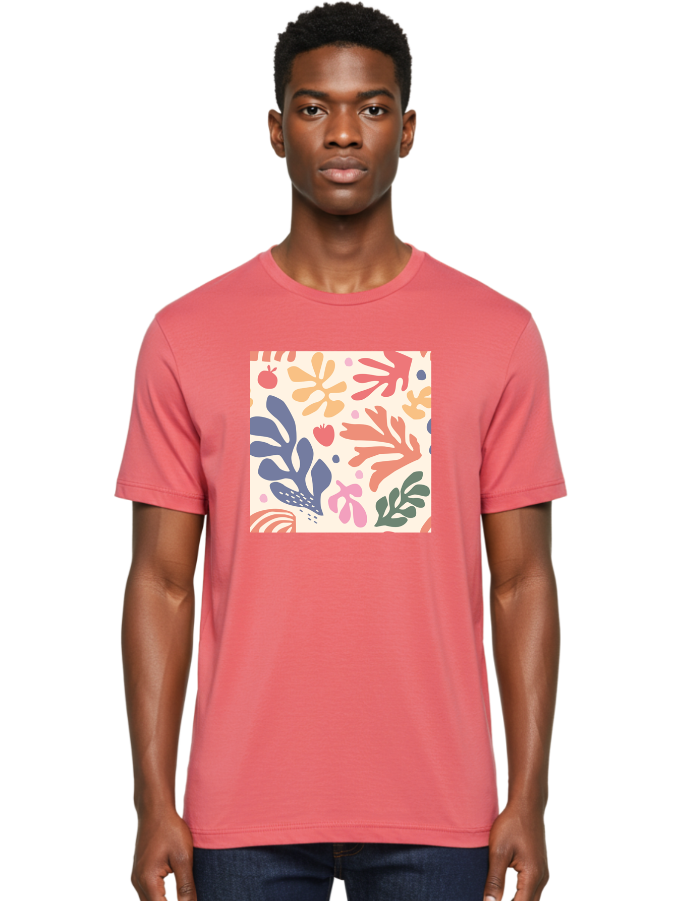 Colorful-Floral-Pattern Men'S Graphic Tee, 100% Cotton, Comfortable Casual Summer Wear, Machine Washable, Colorful Floral Pattern, Abstract Flowers, Vibrant Colors, Playful Design, Whimsical Elements, Artistic Illustration, Red Apple, Aab608